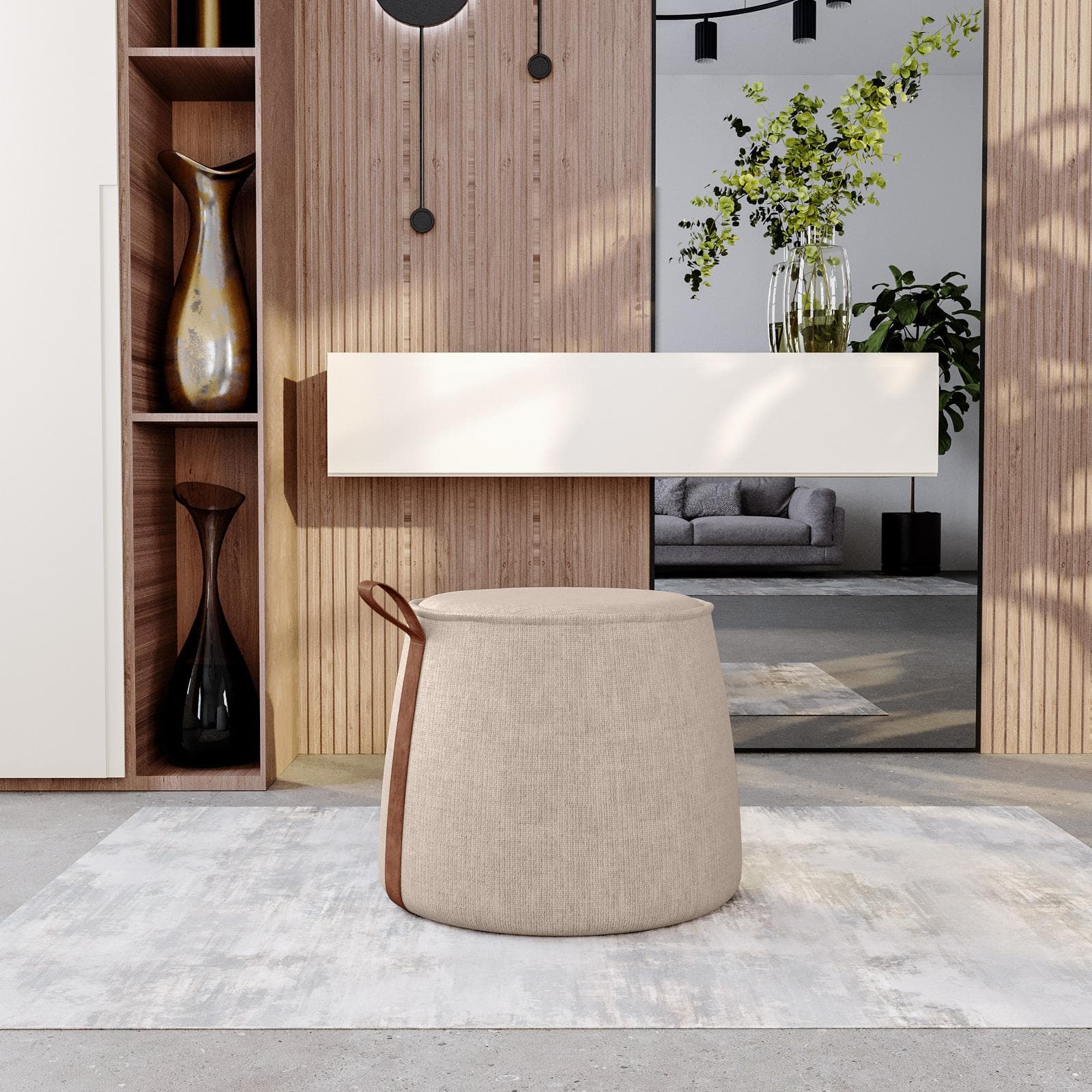 Pouf 50x42h cm in ciniglia beige con dettaglio cuoio - Sashe
