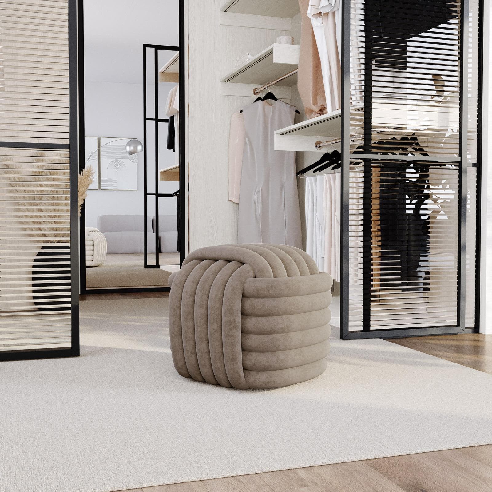 Pouf 50x50 cm in velluto tortora annodato - Pinella