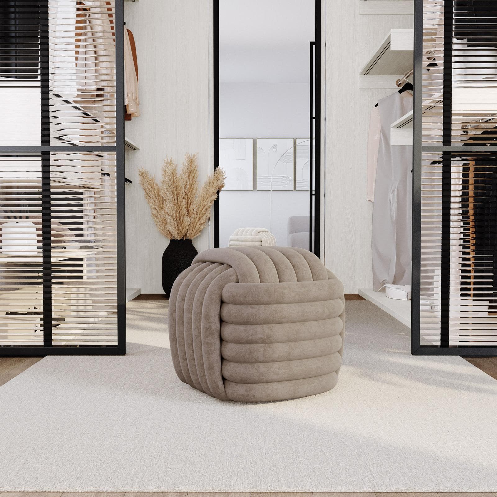 Pouf 50x50 cm in velluto tortora annodato - Pinella