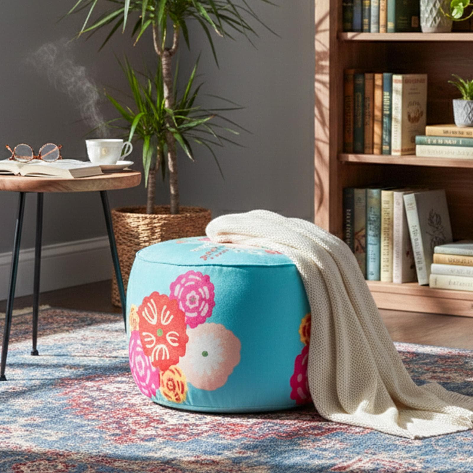 Pouf 56 cm in velluto turchese con fantasia floreale - Isadora