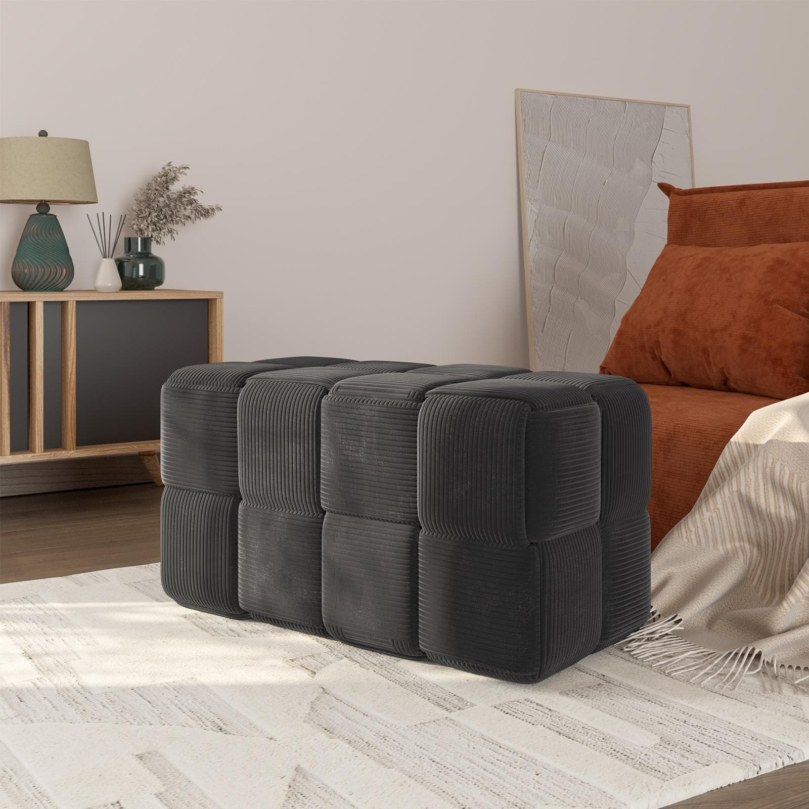 Pouf 71x38h cm in velluto a coste grigio - Josef