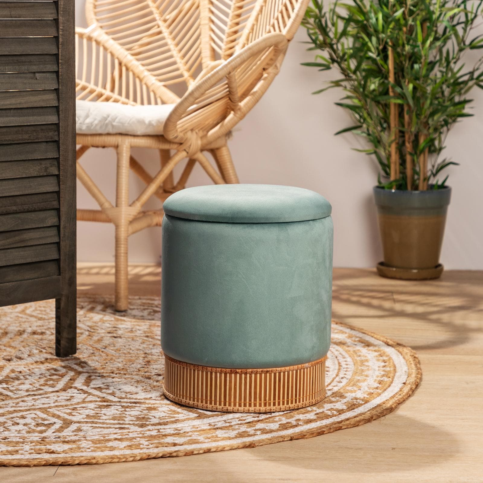 Pouf contenitore 32 cm effetto velluto verde salvia e bambù - Kimono