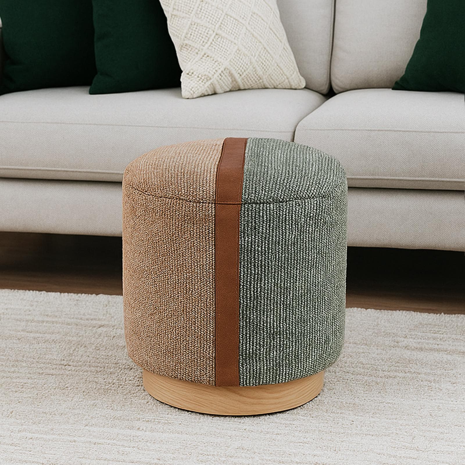 Pouf contenitore 38 cm in tessuto bouclé tortora e verde con dettaglio similpelle cognac - Stobbart