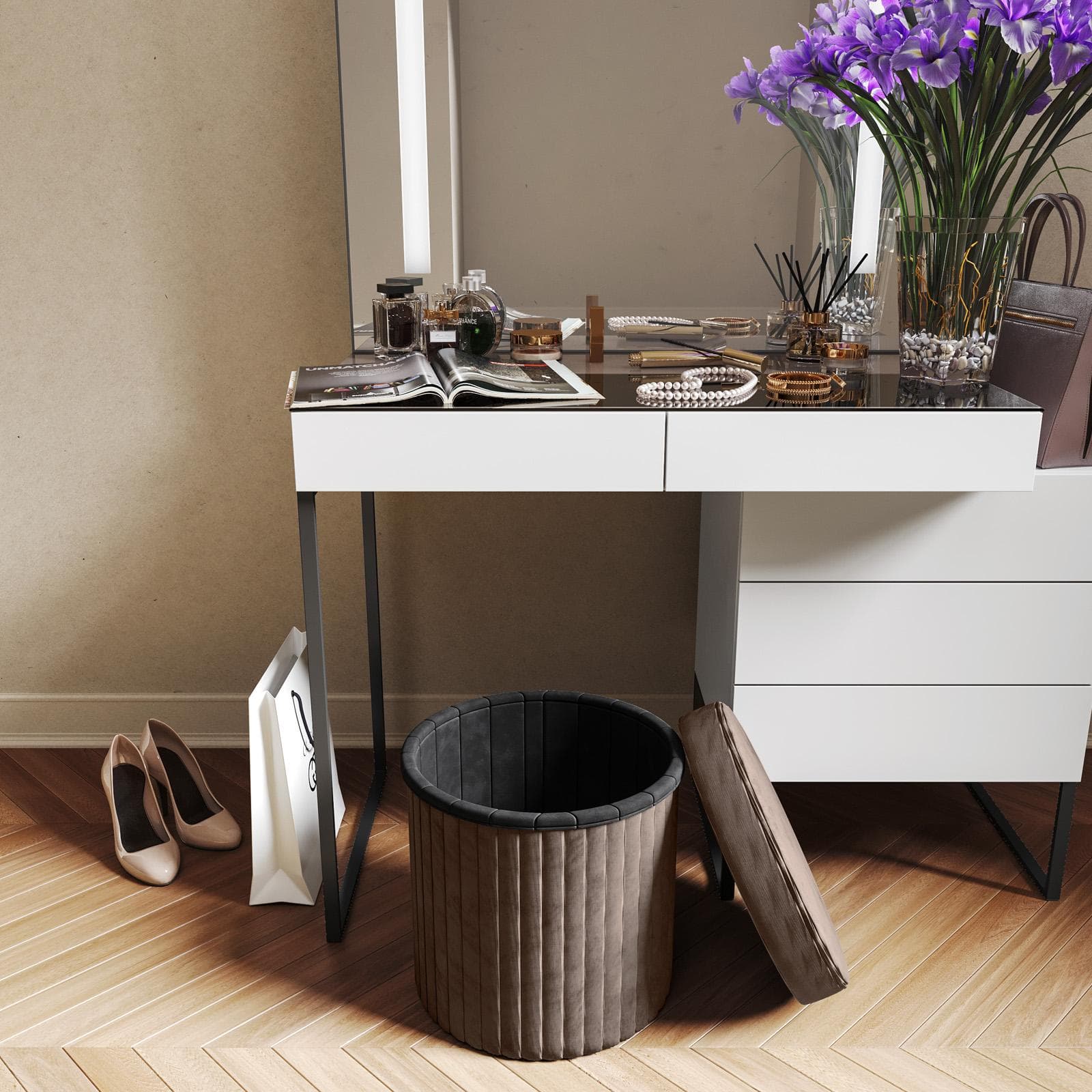 Pouf contenitore 38x38 cm in velluto a coste cacao con seduta imbottita - French