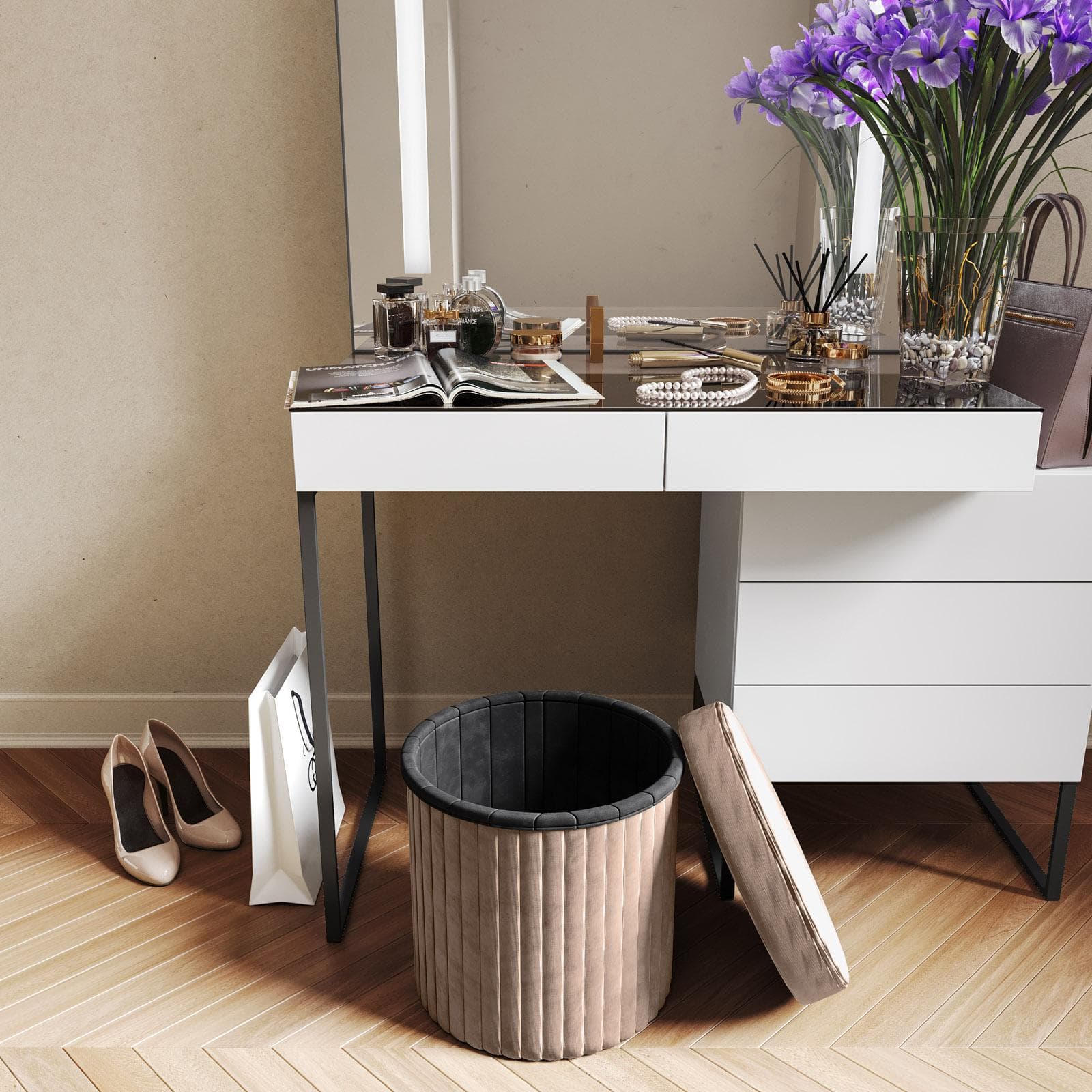 Pouf contenitore 38x38 cm in velluto a coste tortora con seduta imbottita - French