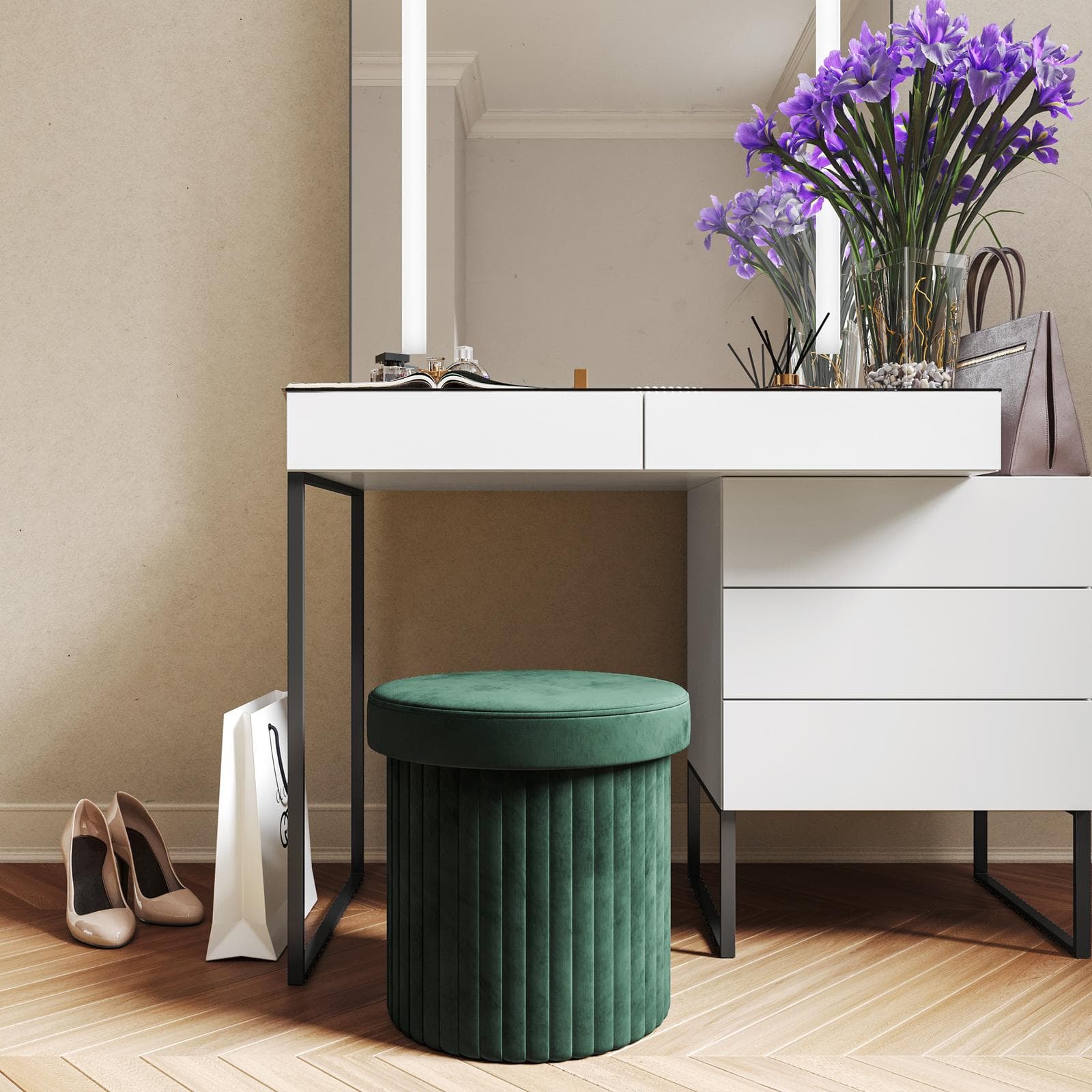 Pouf contenitore 38x38 cm in velluto a coste verde bosco con seduta imbottita - French