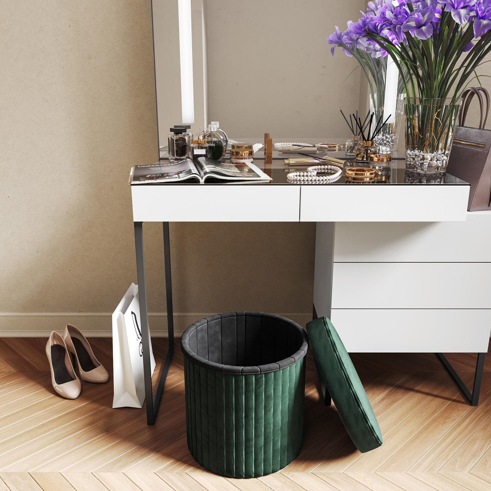 Pouf contenitore 38x38 cm in velluto a coste verde bosco con seduta imbottita - French