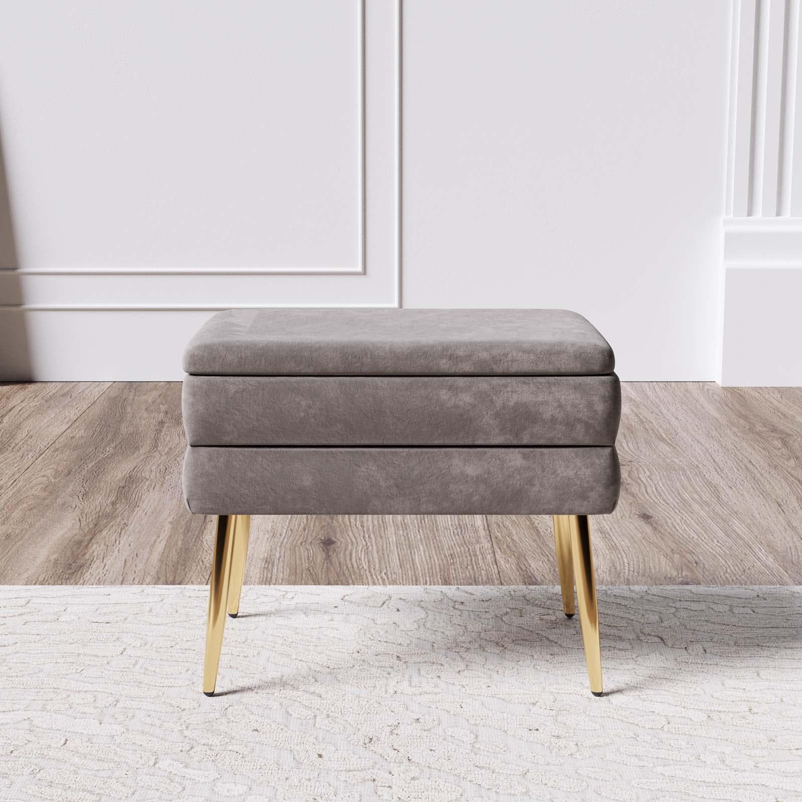 Panca contenitore 50x35 cm in velluto grigio gambe oro - Bloom