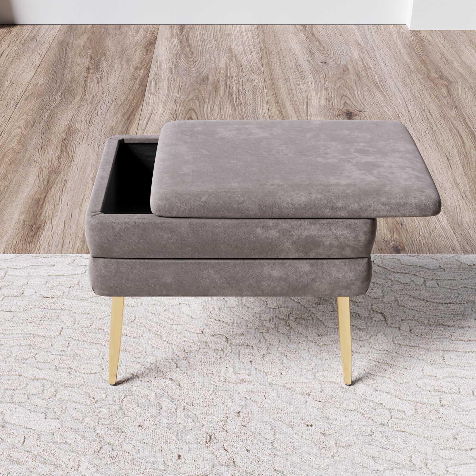 Panca contenitore 50x35 cm in velluto grigio gambe oro - Bloom