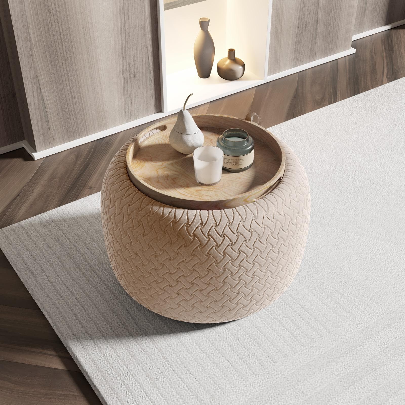 Pouf contenitore 56 cm con vassoio in velluto crema - Gildas