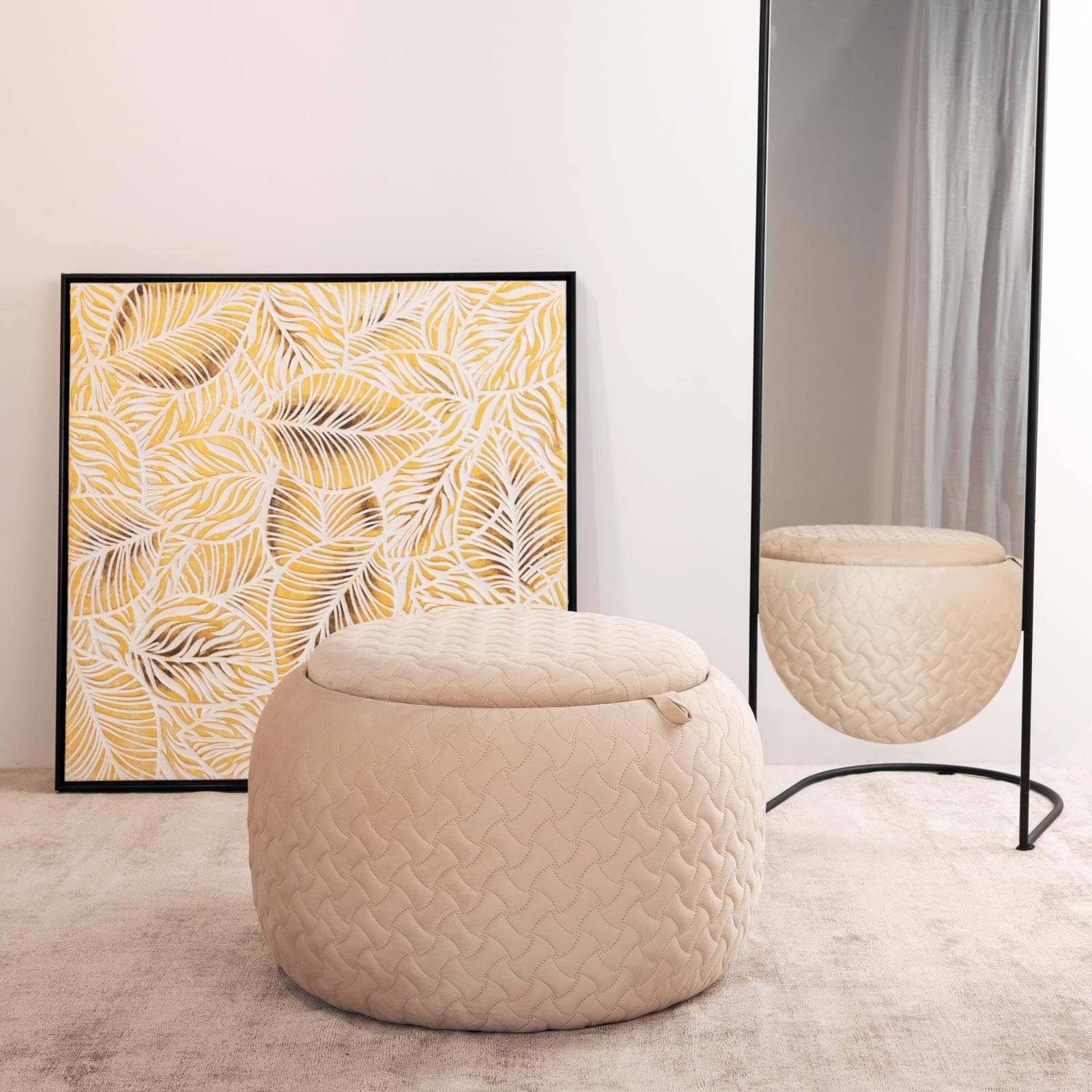 Pouf contenitore 56 cm con vassoio in velluto crema - Gildas