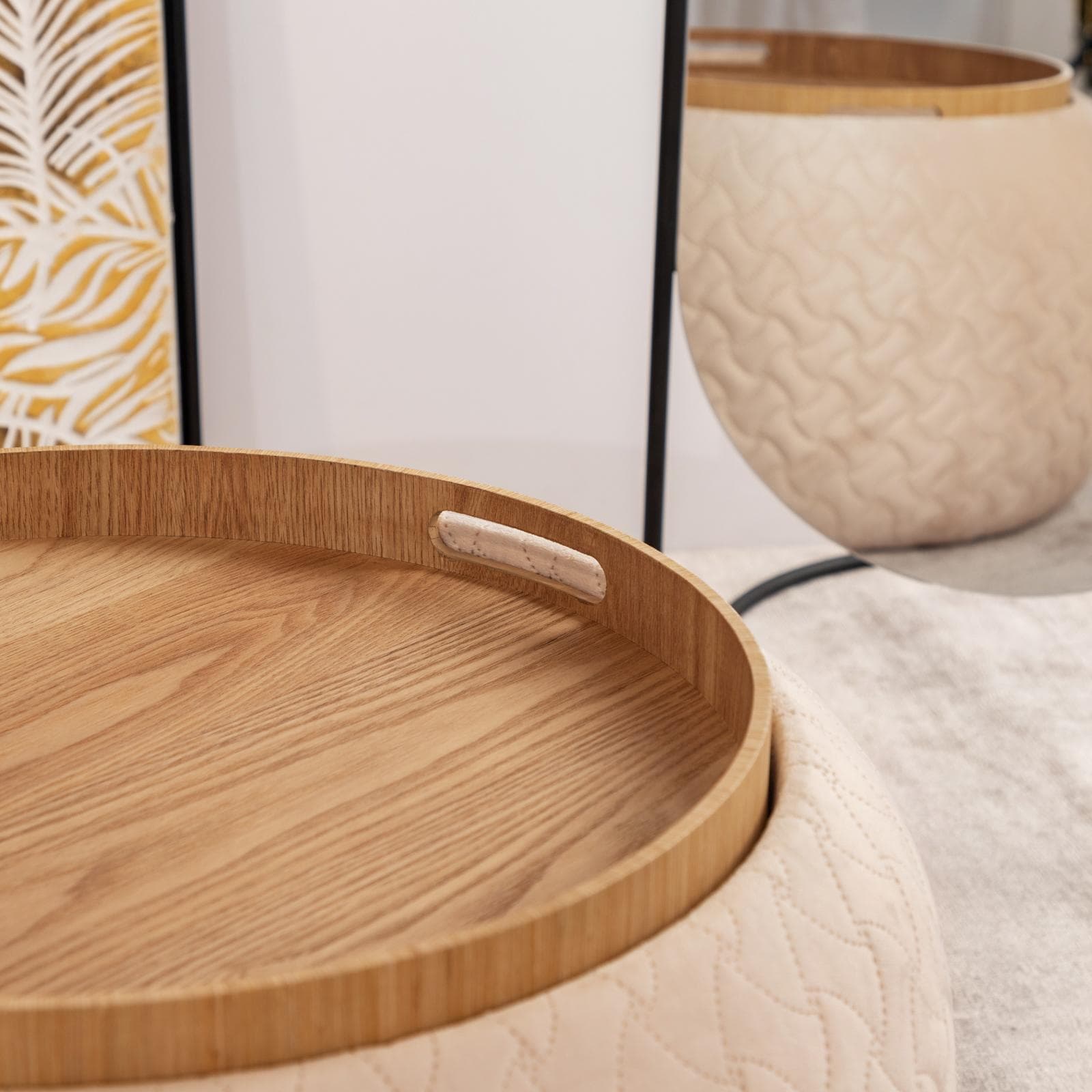 Pouf contenitore 56 cm con vassoio in velluto crema - Gildas