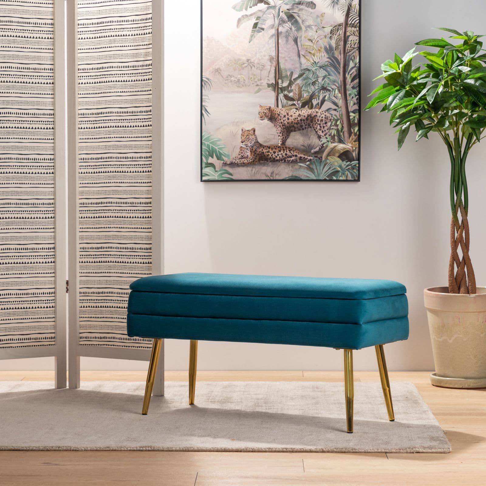 Panca contenitore 80x38 cm in velluto blu petrolio - Bloom