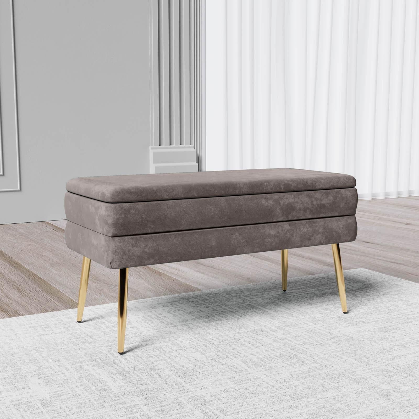 Panca contenitore 80x38 cm in velluto grigio gambe oro - Bloom