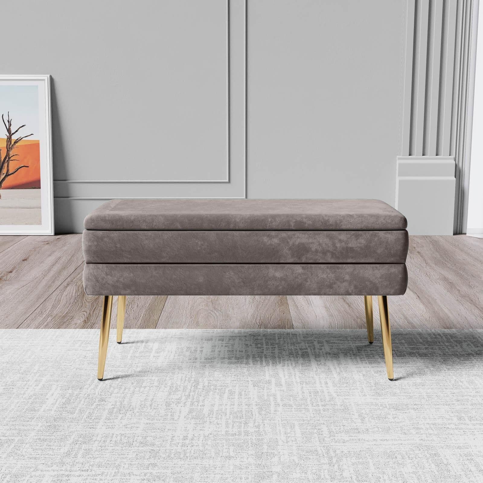 Panca contenitore 80x38 cm in velluto grigio gambe oro - Bloom