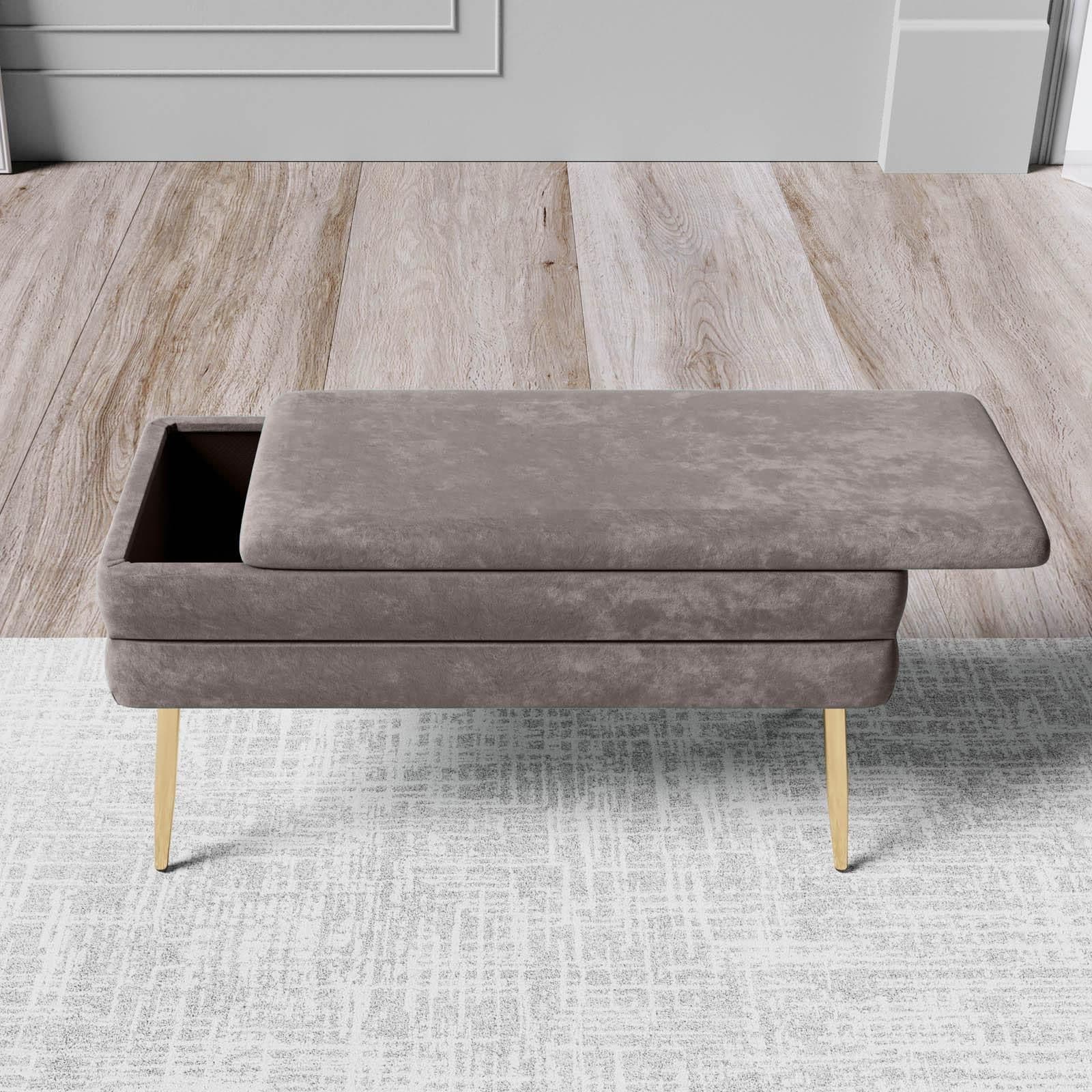 Panca contenitore 80x38 cm in velluto grigio gambe oro - Bloom