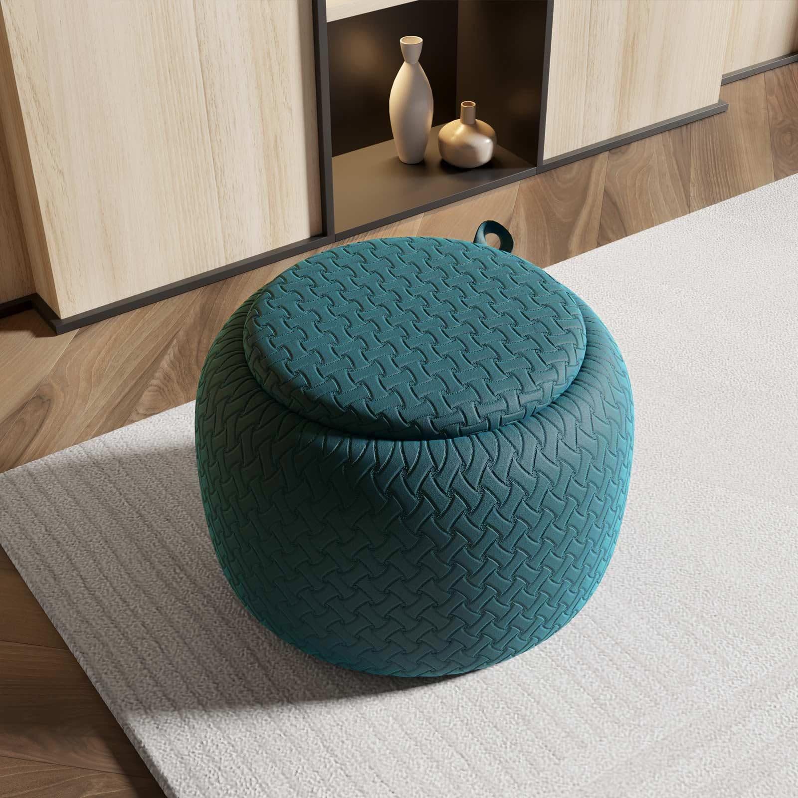 Pouf contenitore con vassoio 56 cm in velluto blu petrolio - Gildas