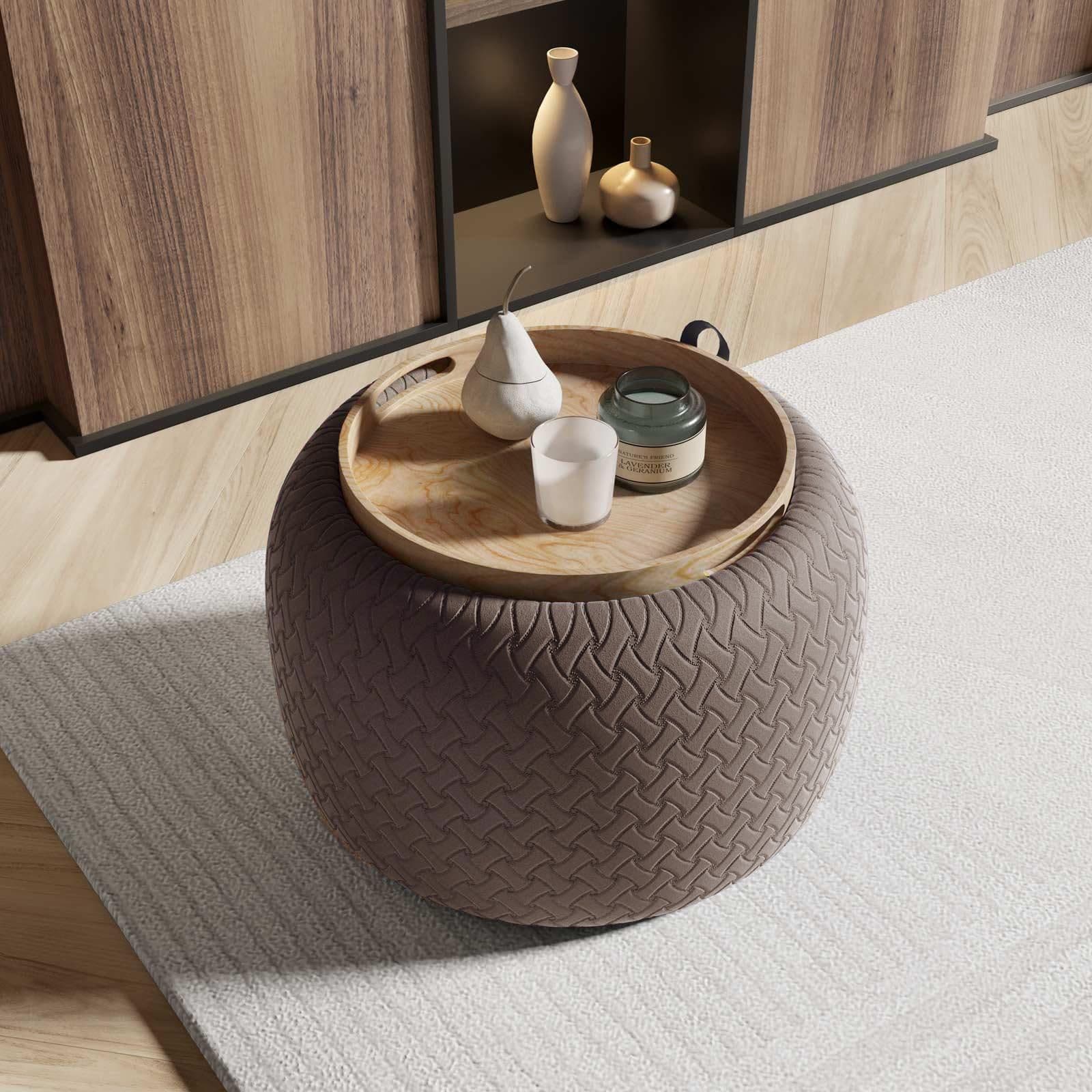 Pouf contenitore 56 cm con vassoio in velluto grigio caldo - Gildas