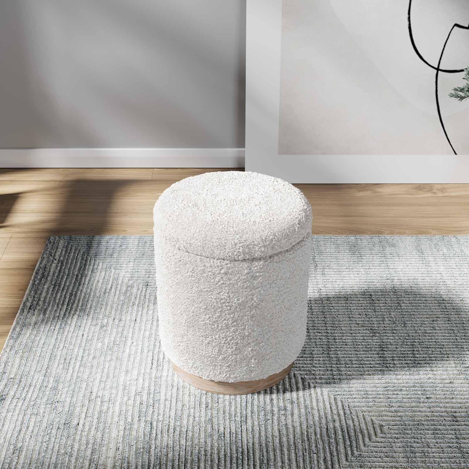 Pouf contenitore 37 cm in tessuto teddy bianco con base in legno - Remy