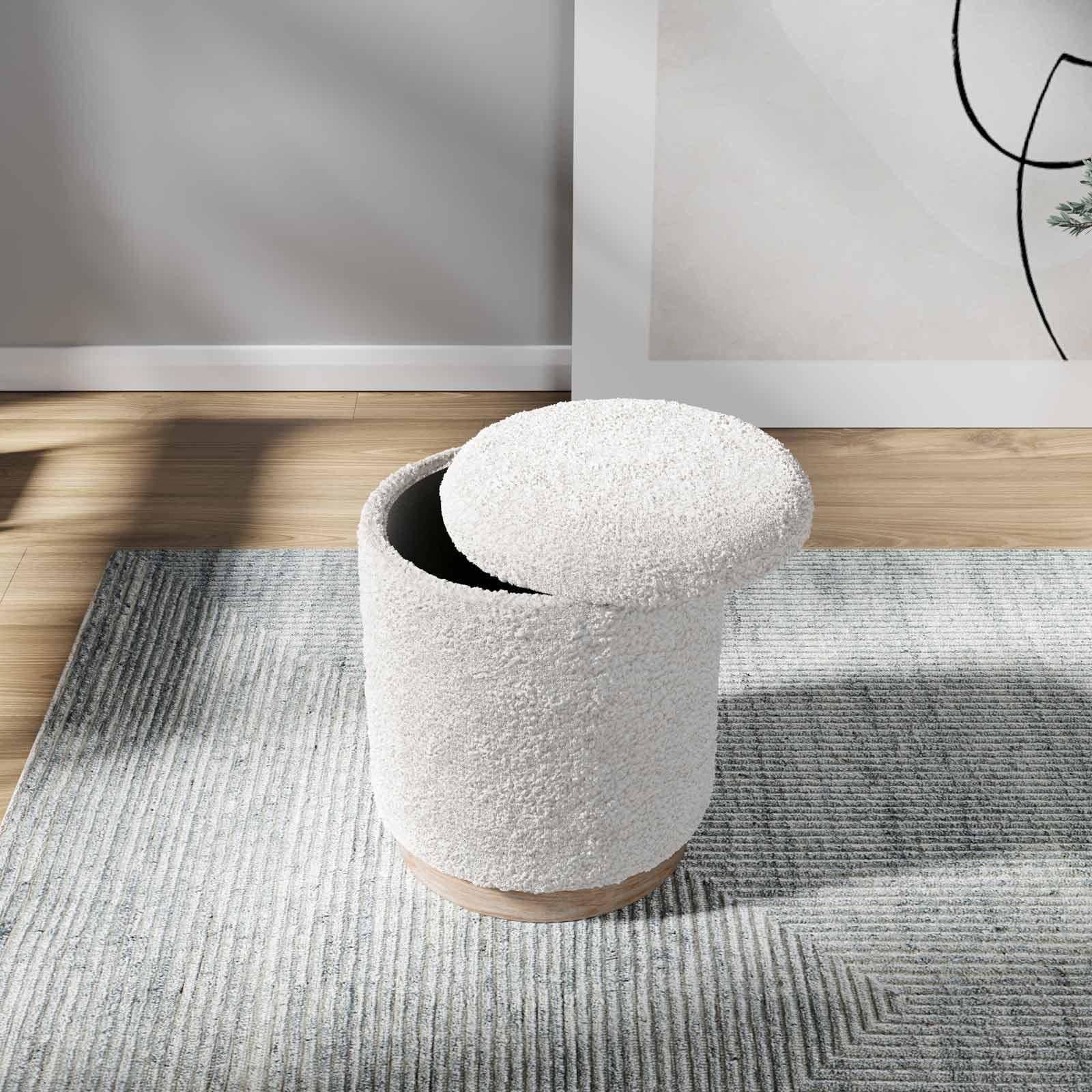 Pouf contenitore 37 cm in tessuto teddy bianco con base in legno - Remy