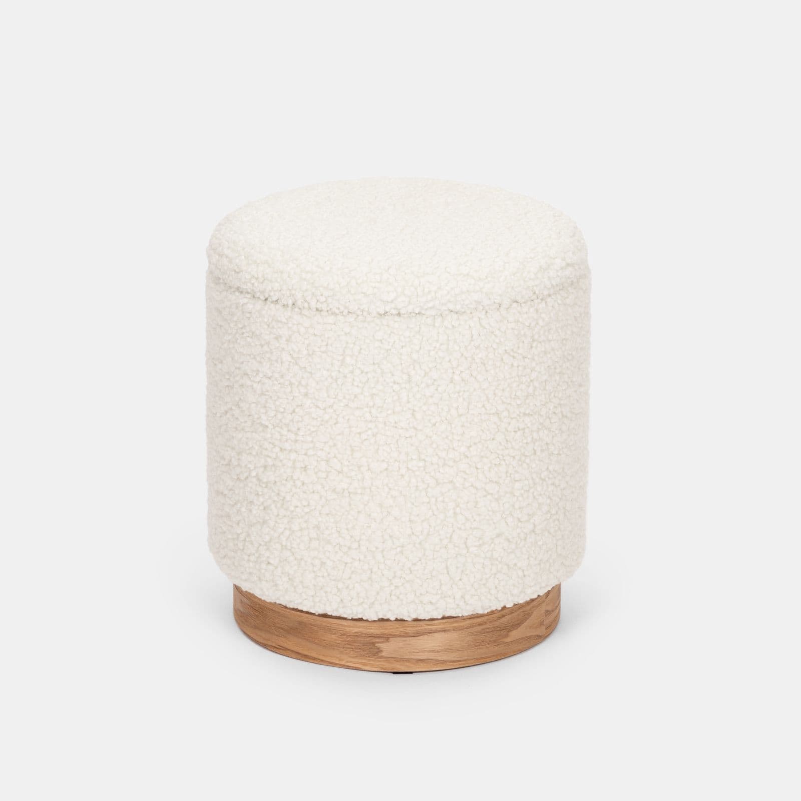 Pouf contenitore 37 cm in tessuto teddy bianco con base in legno - Remy