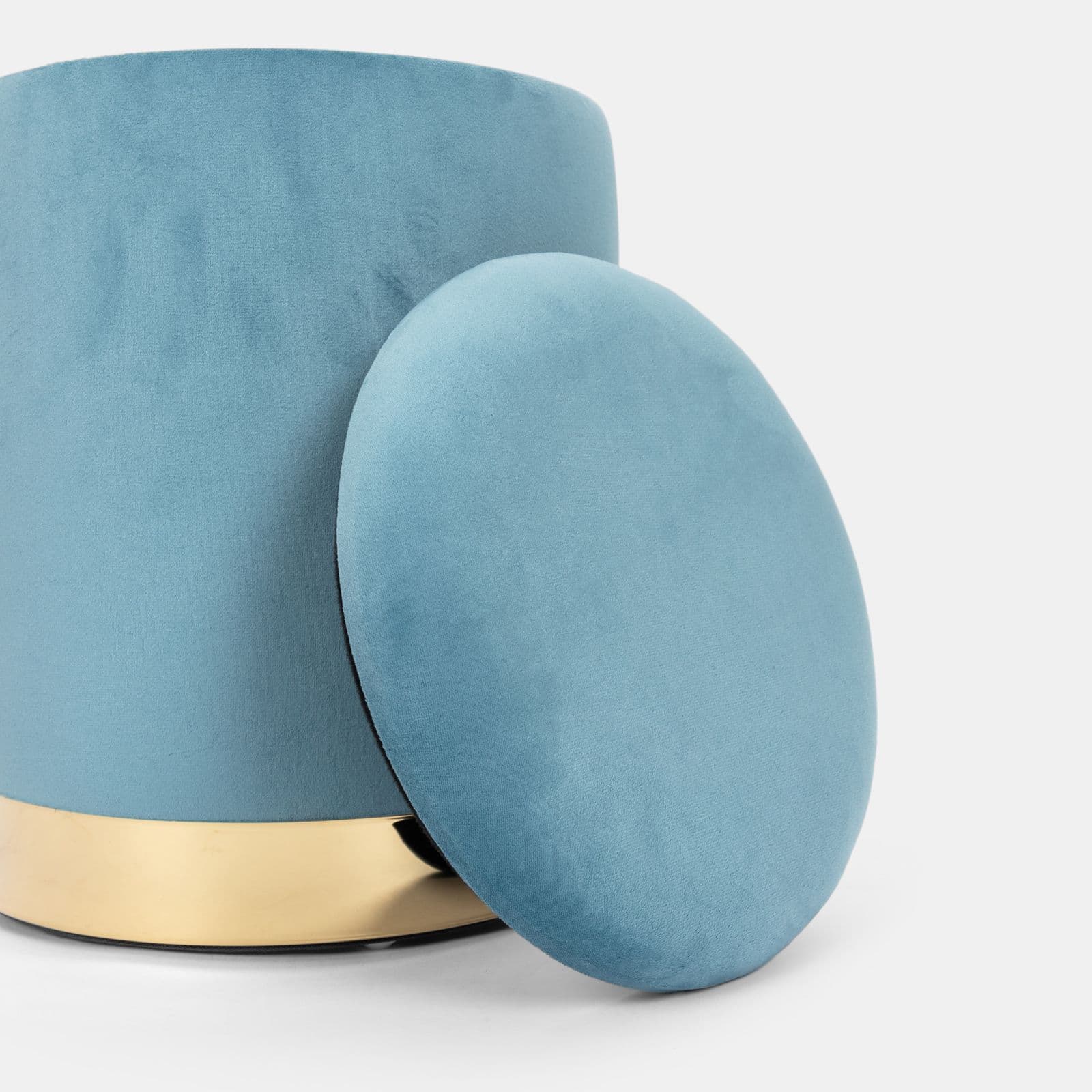 Pouf contenitore 29 cm effetto velluto celeste con base oro - Elenor