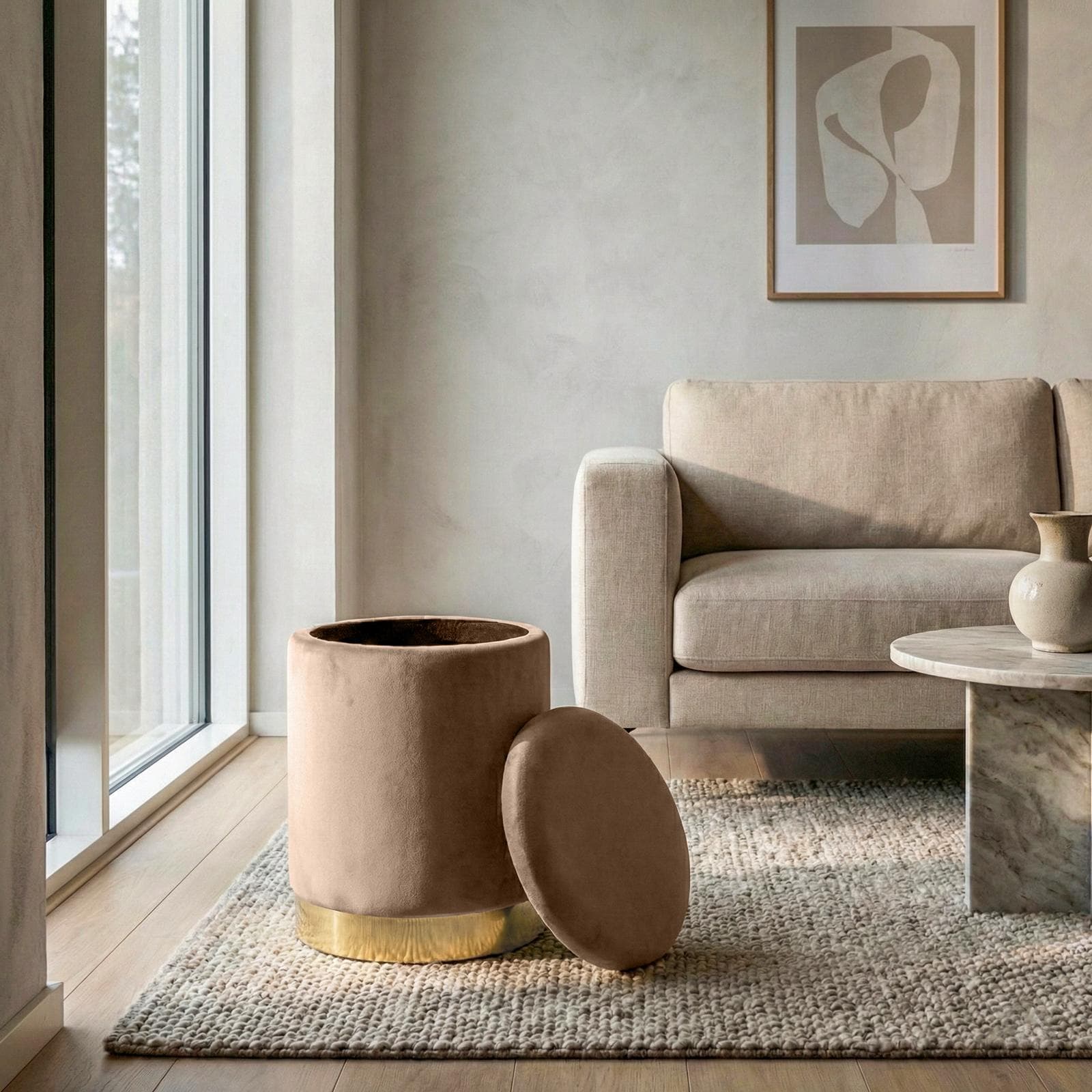Pouf contenitore 29 cm effetto velluto chocolat con base oro - Elenor