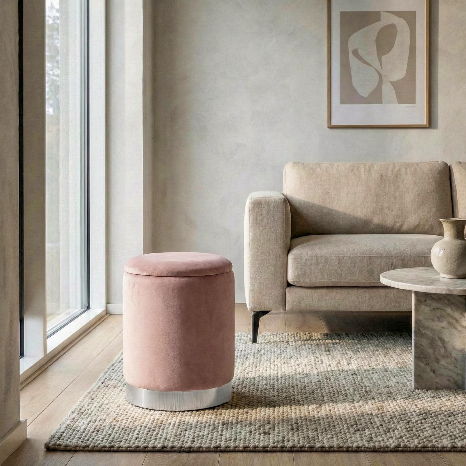 Pouf contenitore 29 cm effetto velluto glicine con base argento - Elenor