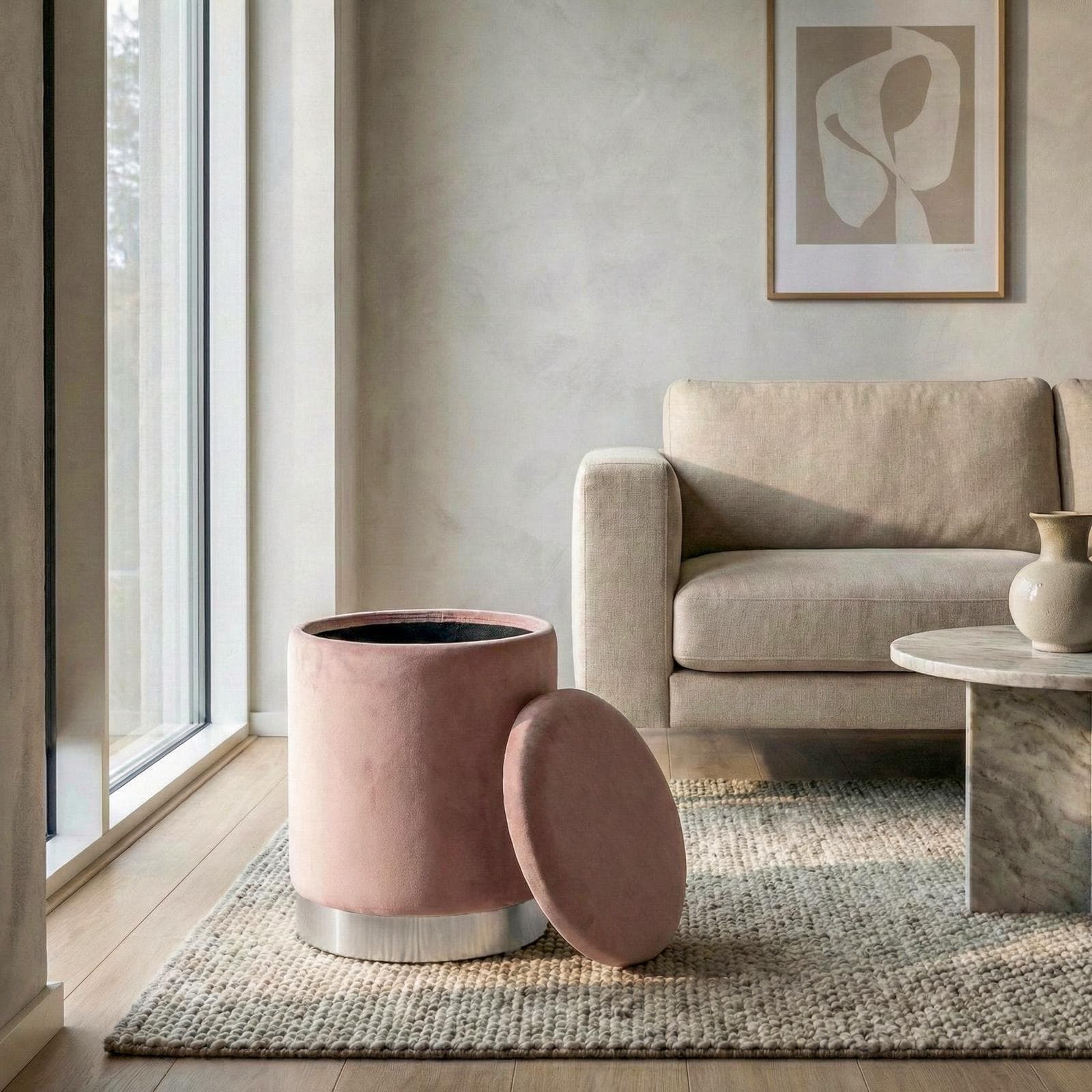 Pouf contenitore 29 cm effetto velluto glicine con base argento - Elenor