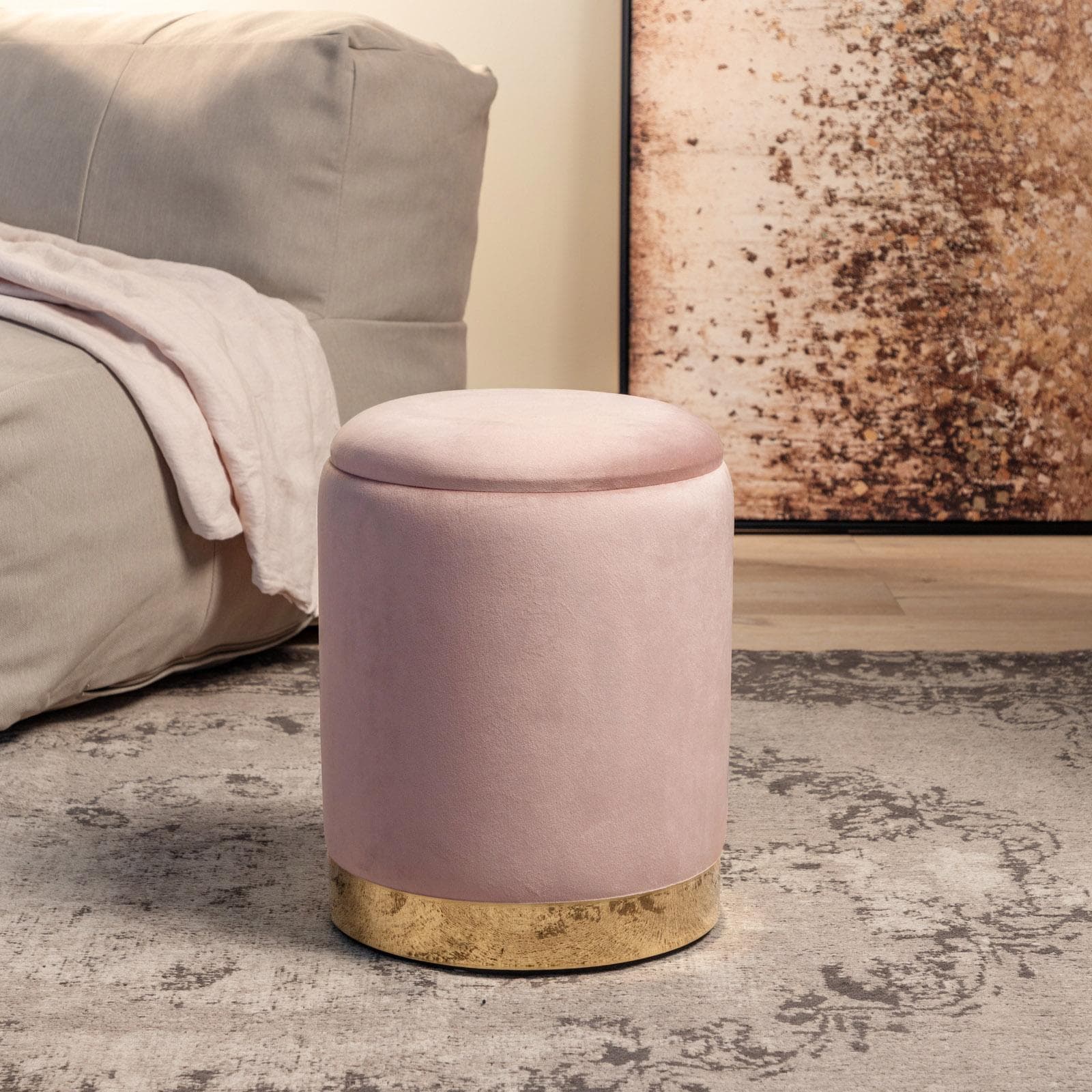 Pouf contenitore 29 cm effetto velluto glicine con base oro - Elenor