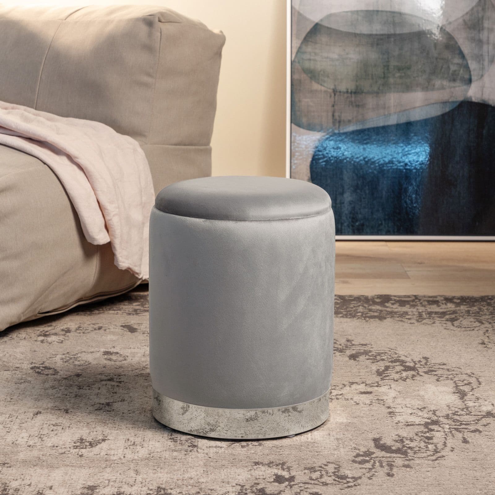 Pouf contenitore 29 cm effetto velluto grigio chiaro con base argento - Elenor