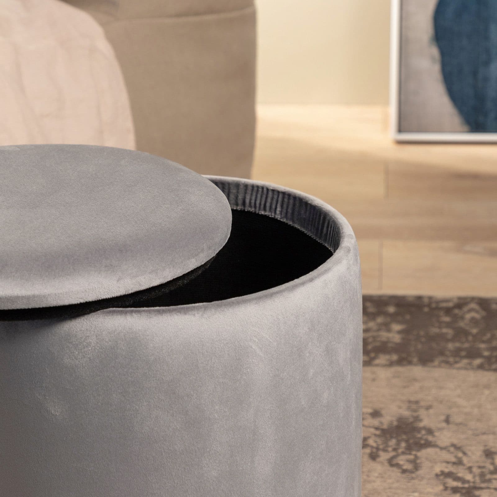 Pouf contenitore 29 cm effetto velluto grigio chiaro con base argento - Elenor