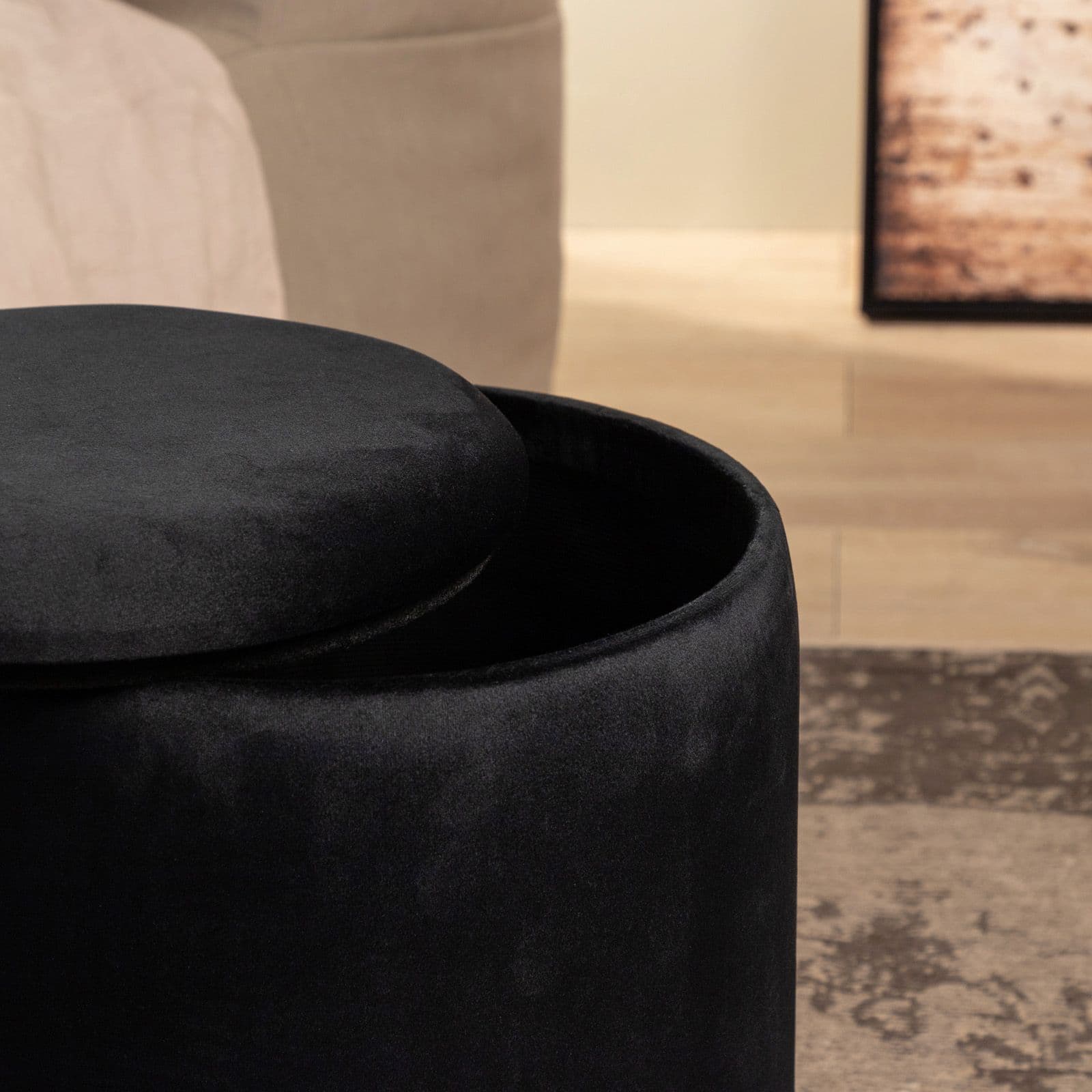 Pouf contenitore 29 cm effetto velluto nero con base oro - Elenor