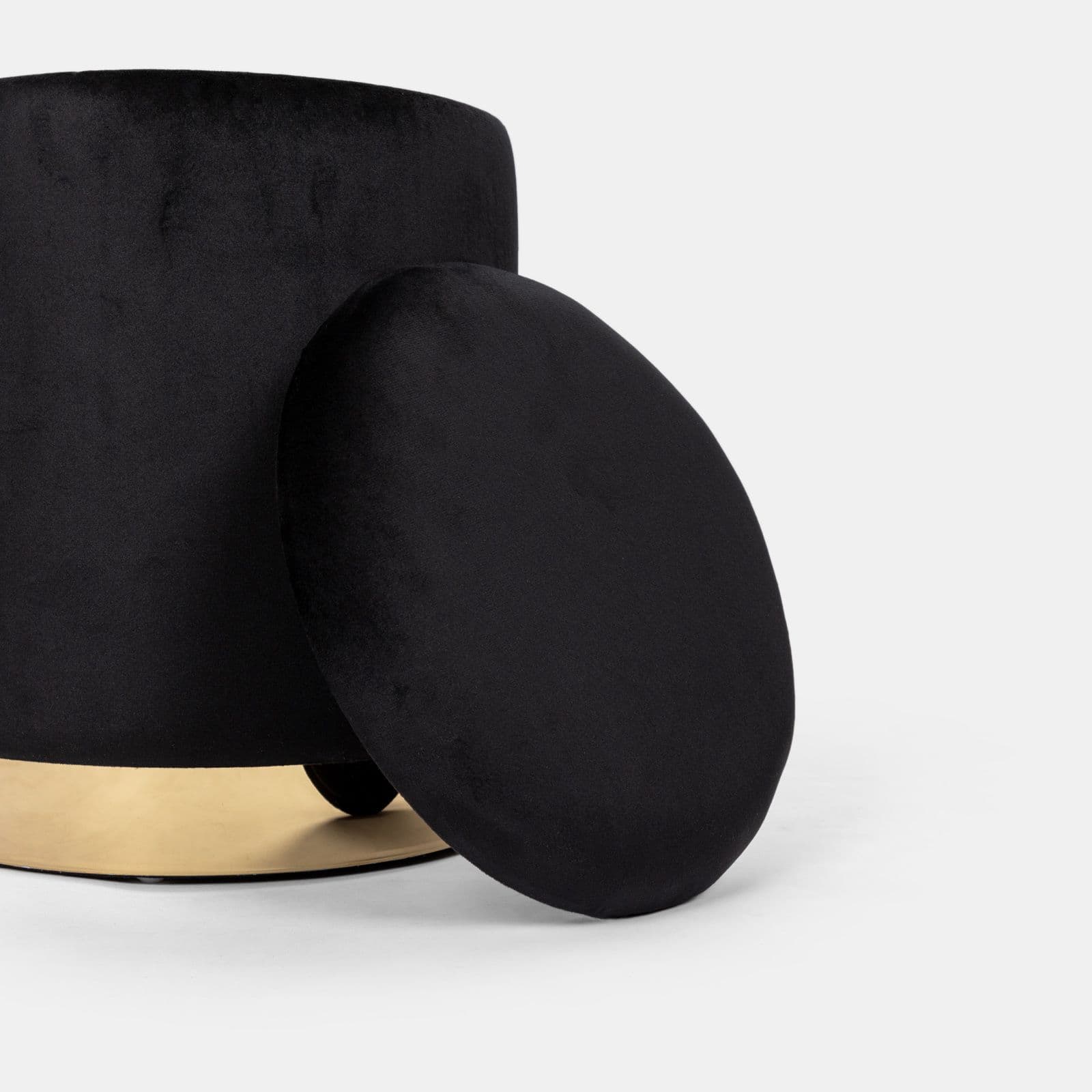 Pouf contenitore 29 cm effetto velluto nero con base oro - Elenor