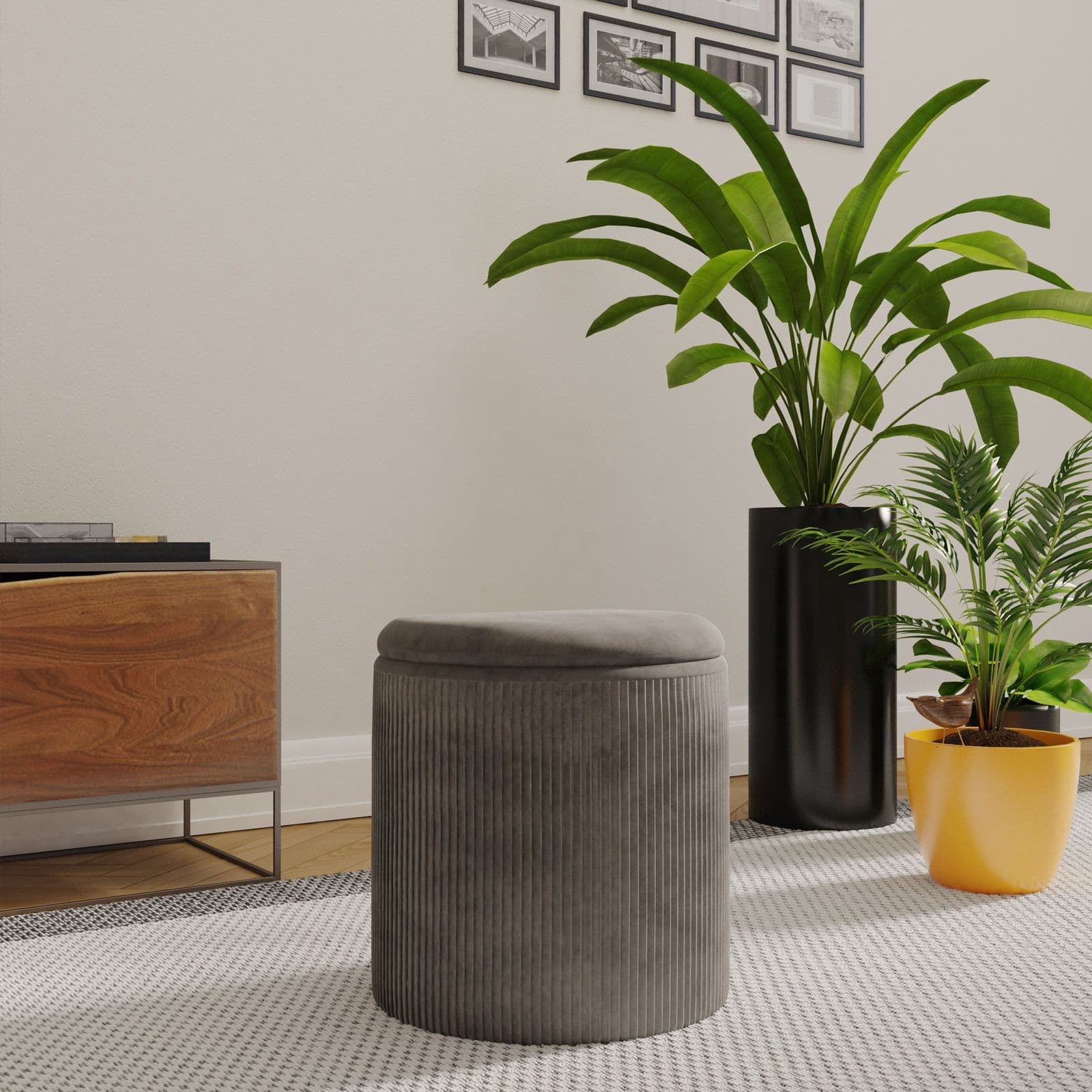 Pouf contenitore rotondo 37 cm in velluto grigio - Blaise