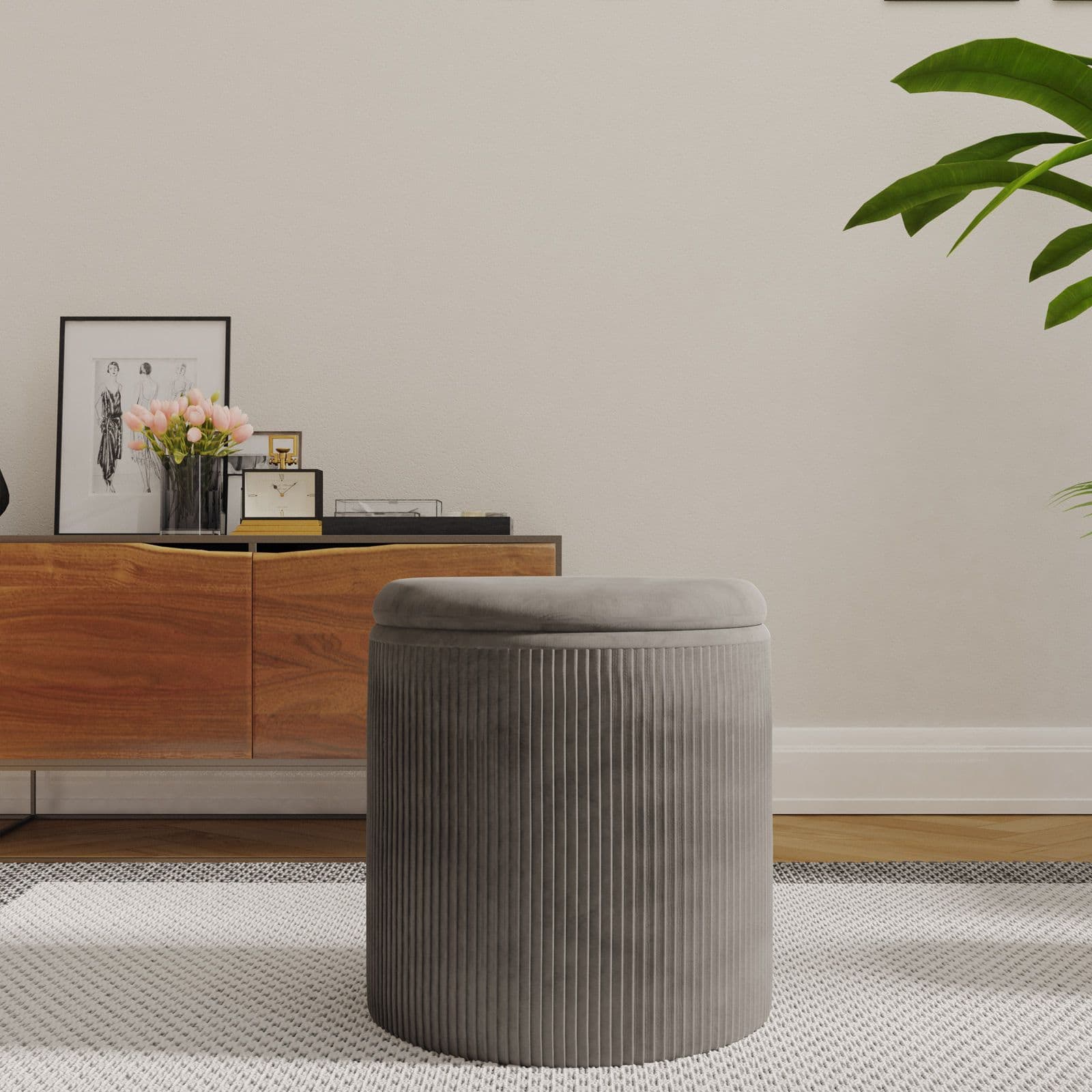 Pouf contenitore rotondo 37 cm in velluto grigio - Blaise