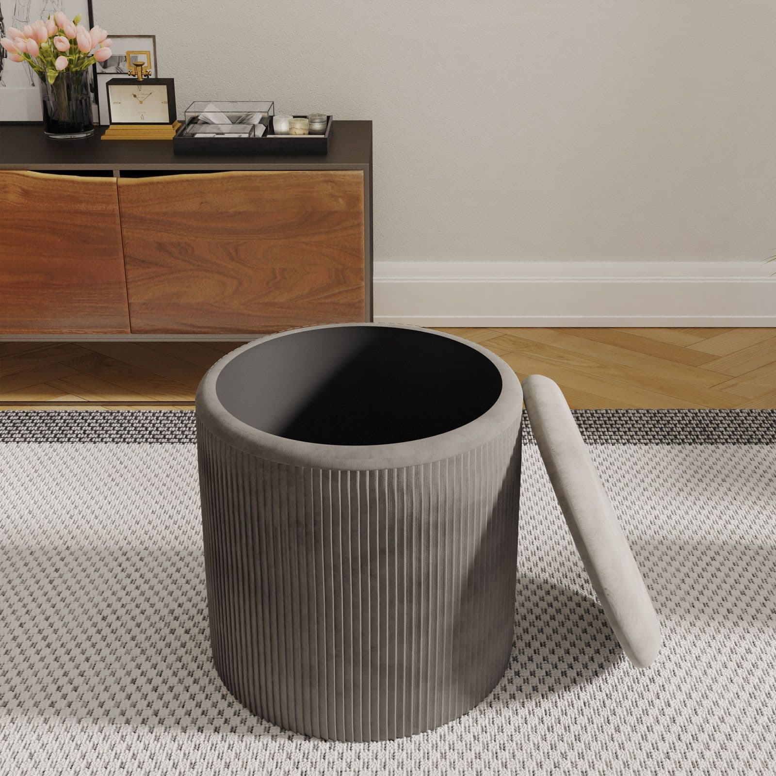 Pouf contenitore rotondo 37 cm in velluto grigio - Blaise