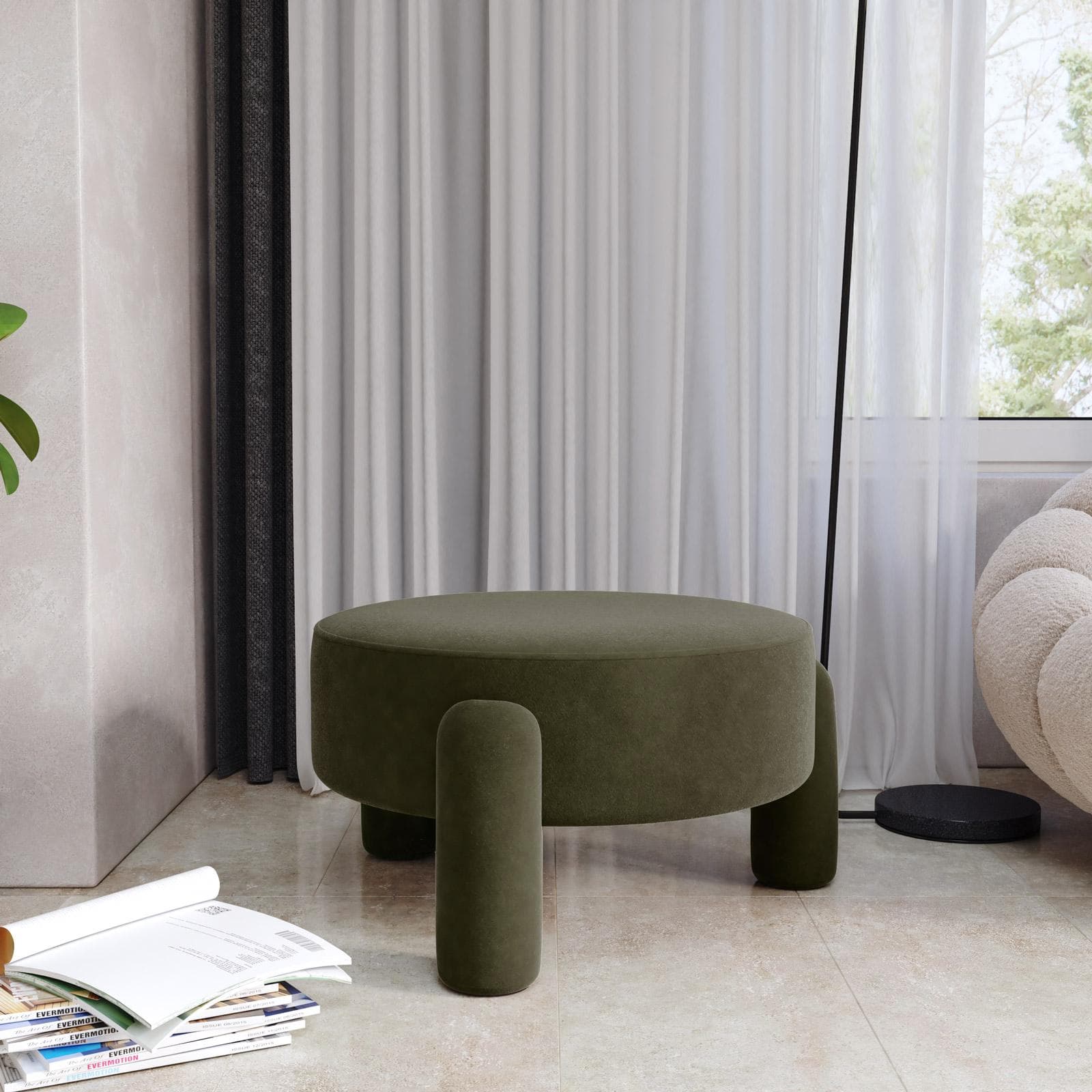 Pouf imbottito 65 cm in tessuto pile verde militare - Zacar
