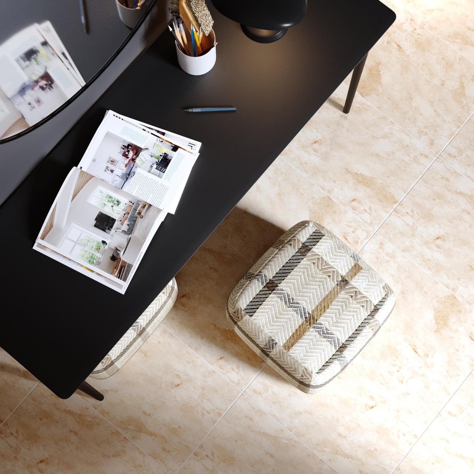 Pouf imbottito 45x45 cm in tessuto idrorepellente a quadri bianco - Rupert