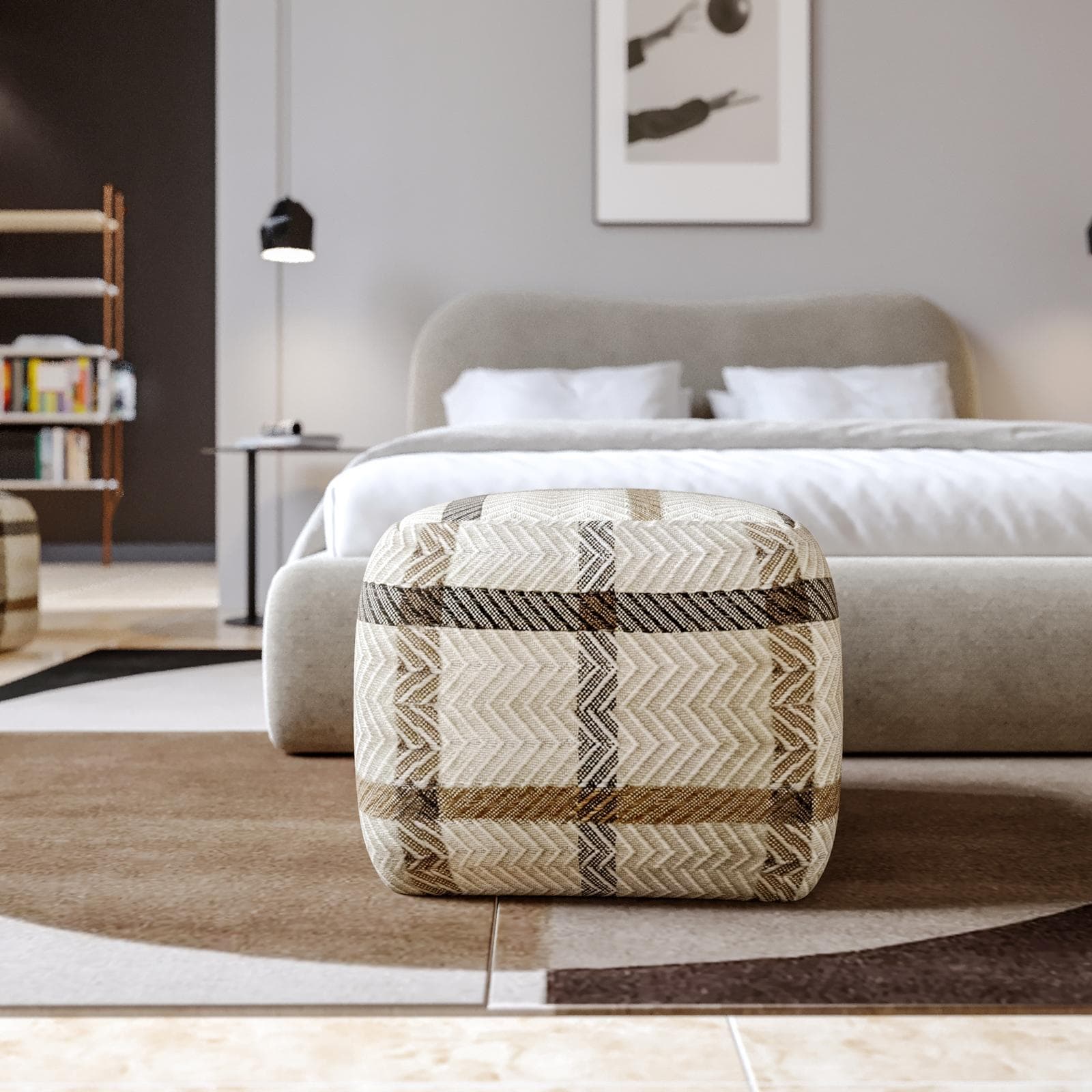 Pouf imbottito 45x45 cm in tessuto idrorepellente a quadri bianco - Rupert