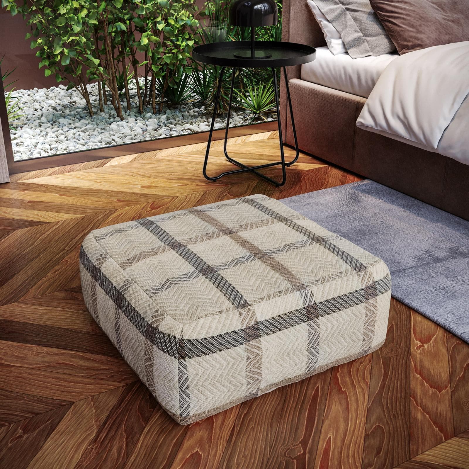 Pouf imbottito 60x60 cm in tessuto idrorepellente a quadri bianco - Rupert