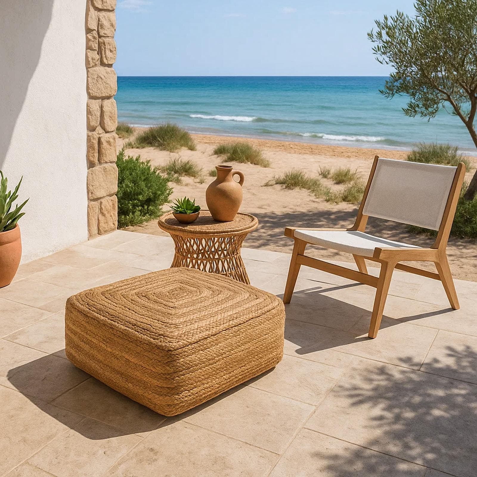 Pouf imbottito da esterno o interno 60x60 cm in juta naturale - Puffy