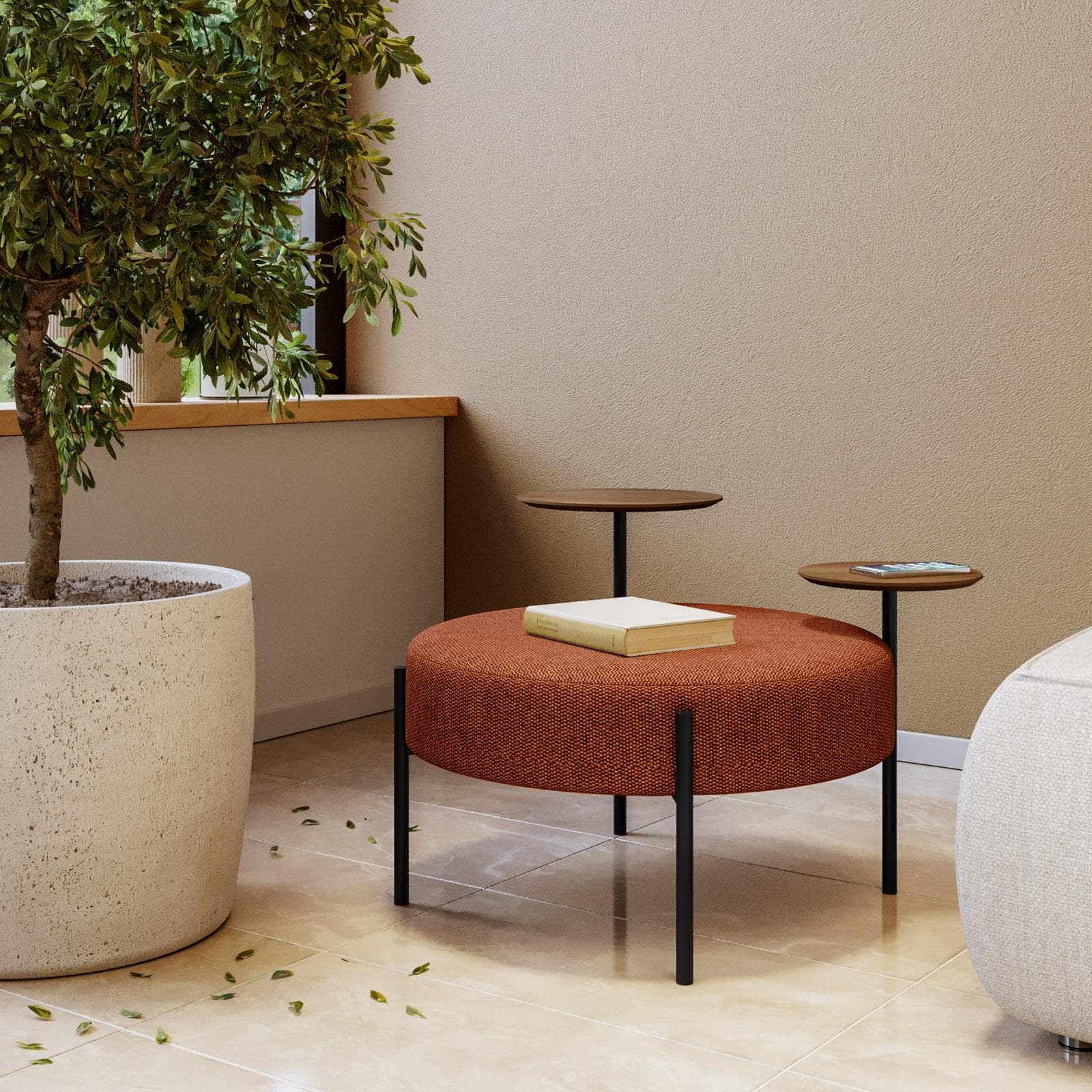 Pouf rotondo 78 cm in maglia terracotta con due tavolini effetto legno - Farel