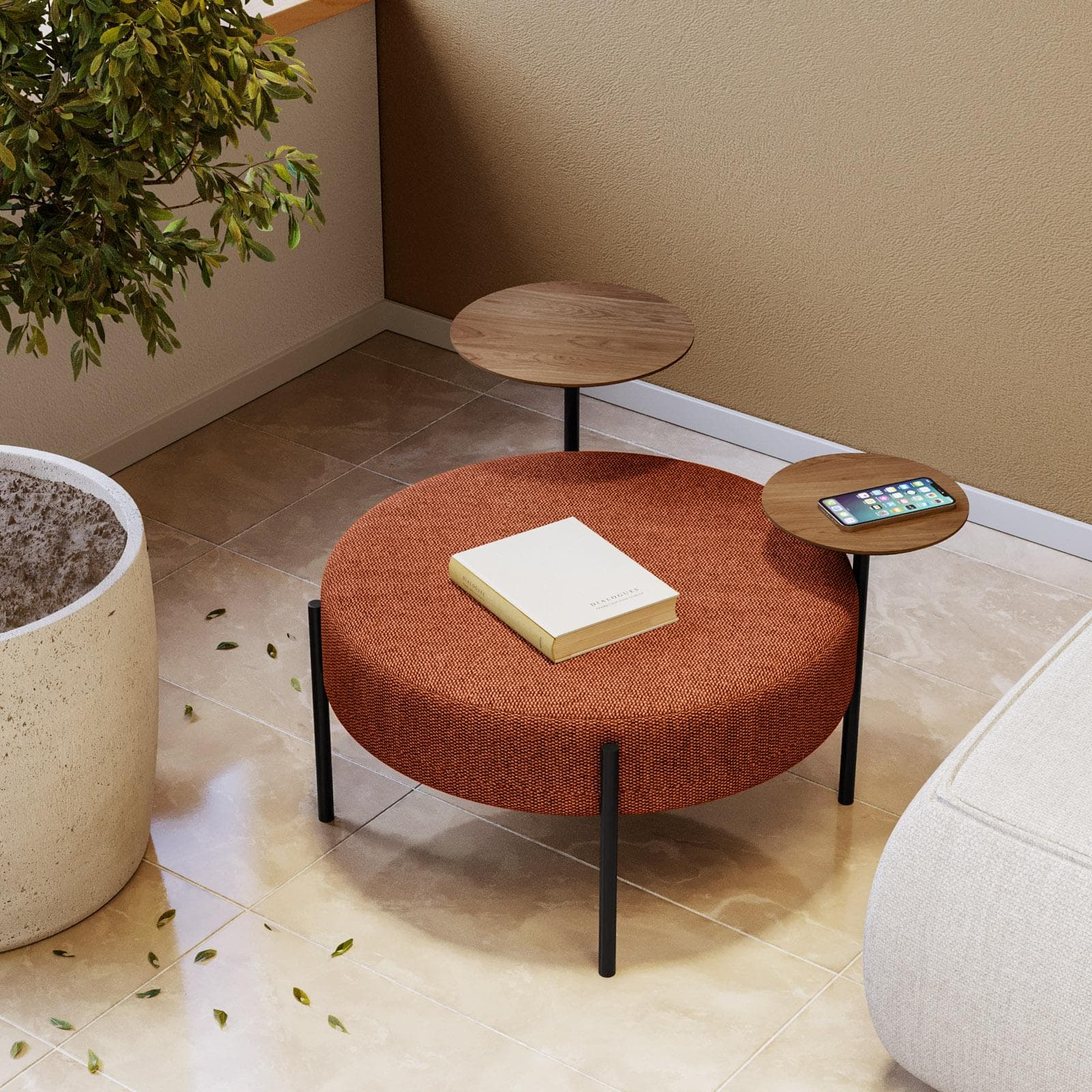 Pouf rotondo 78 cm in maglia terracotta con due tavolini effetto legno - Farel