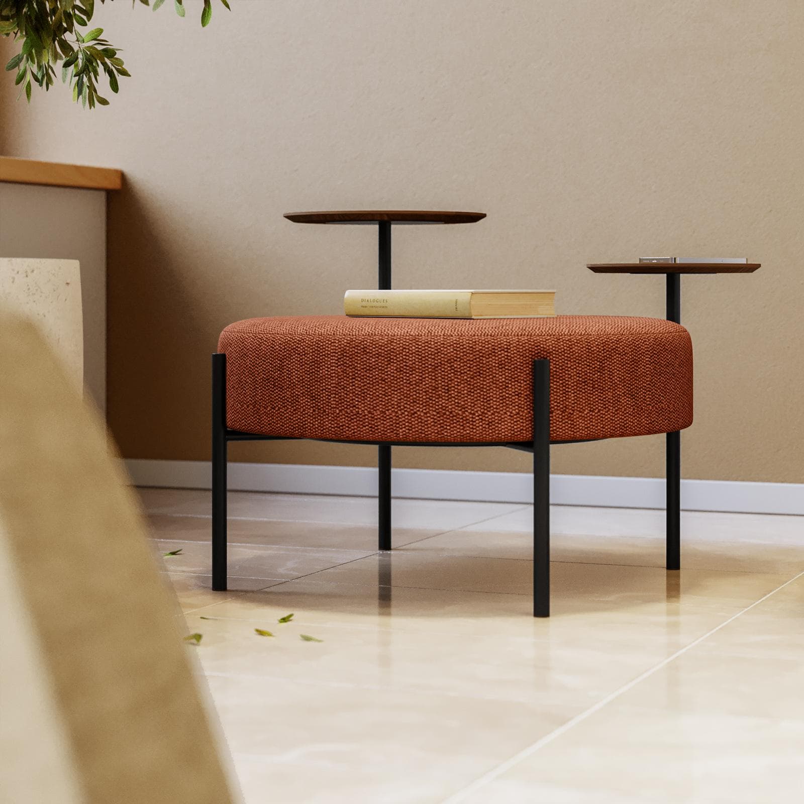 Pouf rotondo 78 cm in maglia terracotta con due tavolini effetto legno - Farel
