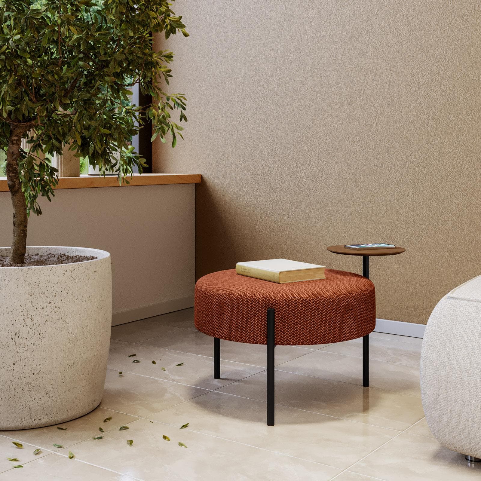 Pouf rotondo 64 cm in maglia terracotta con tavolino effetto legno - Farel