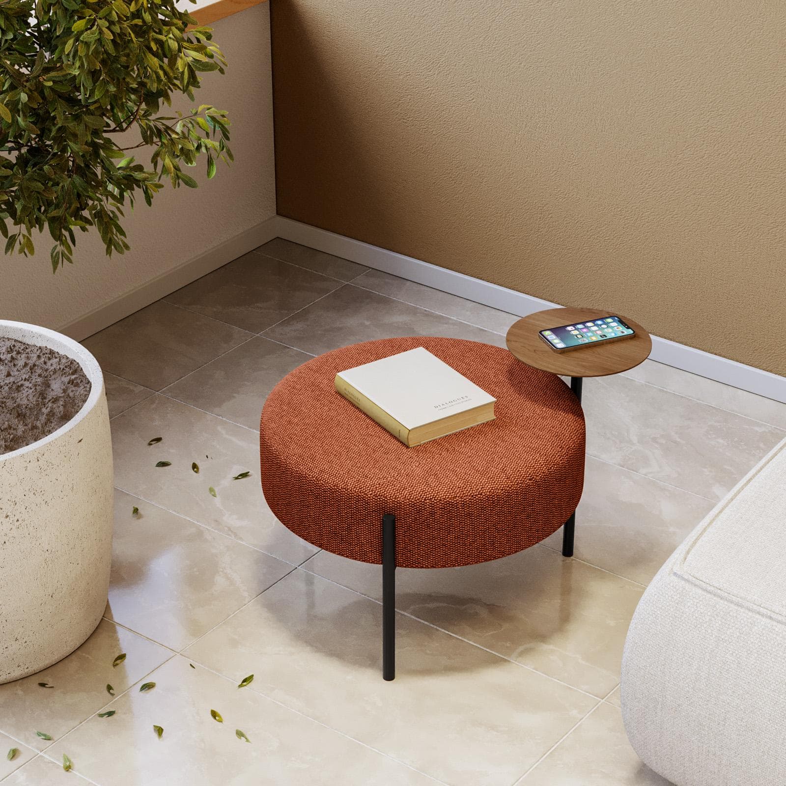 Pouf rotondo 64 cm in maglia terracotta con tavolino effetto legno - Farel