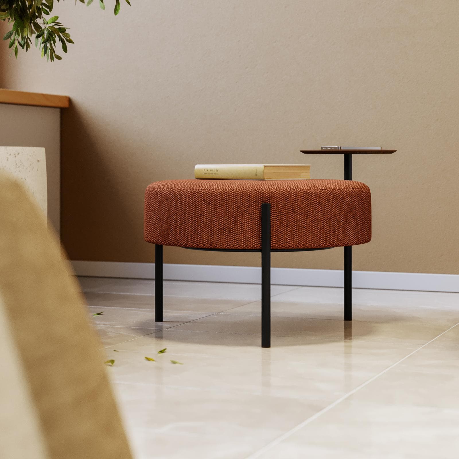 Pouf rotondo 64 cm in maglia terracotta con tavolino effetto legno - Farel