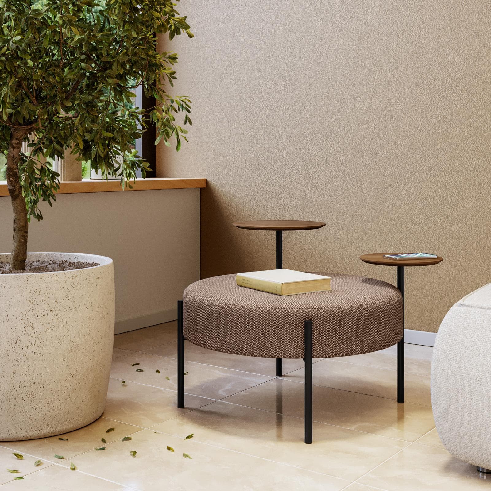 Pouf rotondo 78 cm in maglia tortora con due tavolini effetto legno - Farel