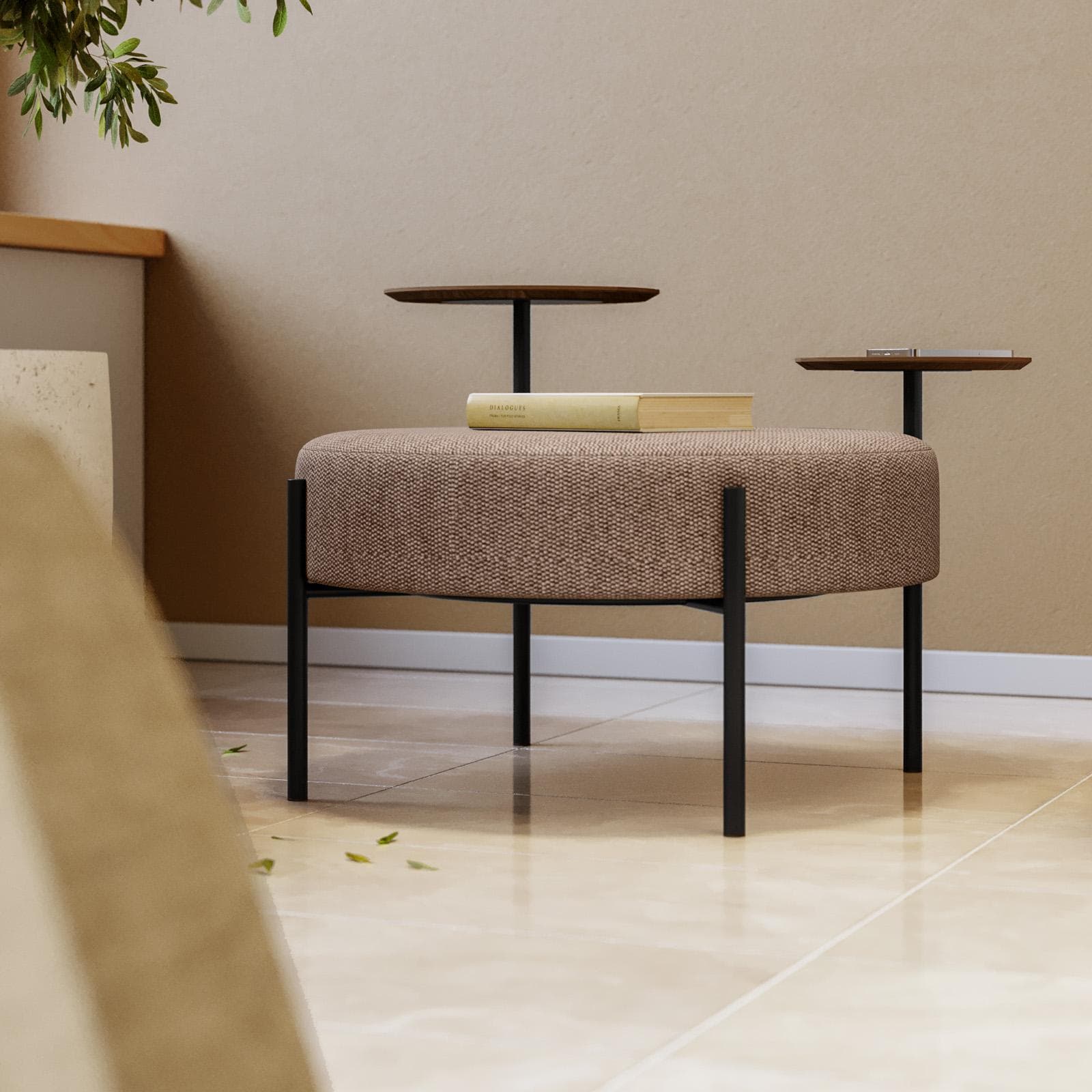 Pouf rotondo 78 cm in maglia tortora con due tavolini effetto legno - Farel